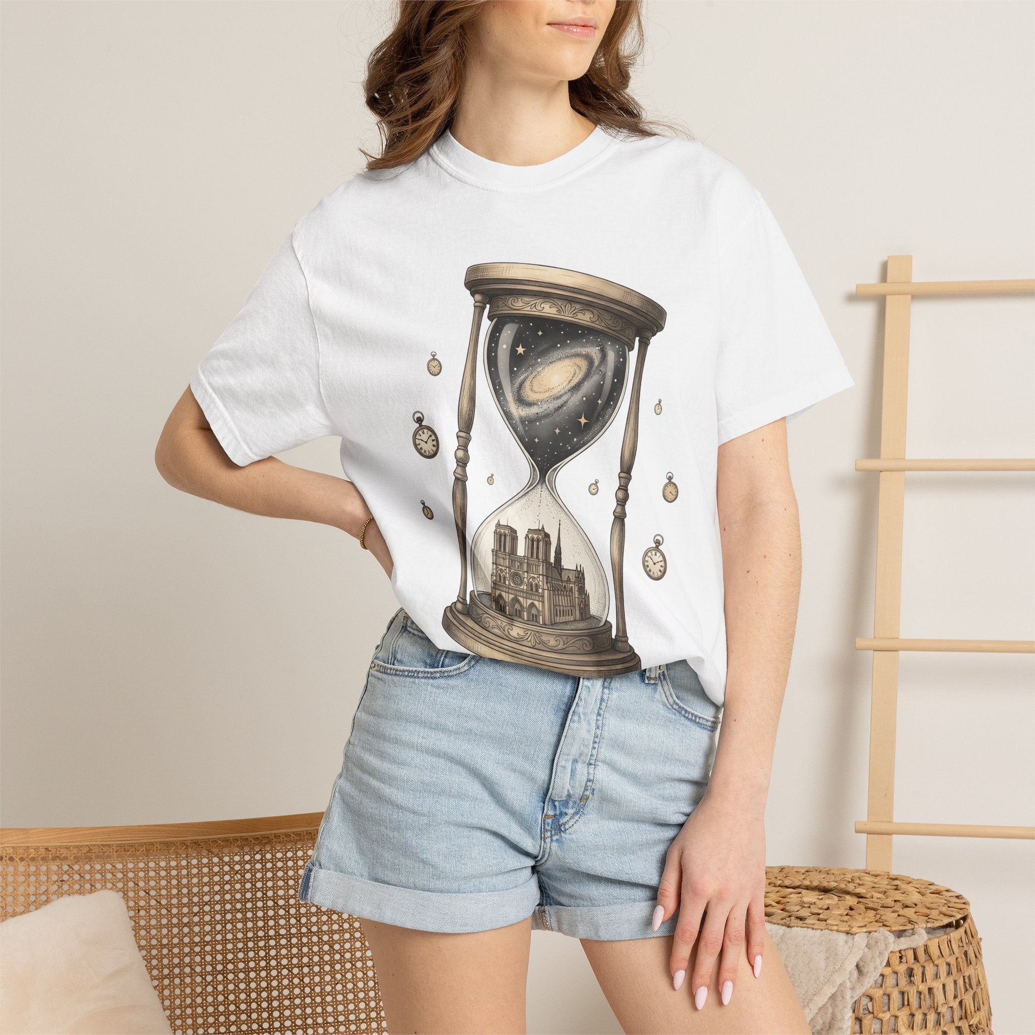 Sandglass Galaxy Shirt Time Astronomy Gift Women Old School Tee Galaxy T-Shirt Timekeeper Fan Cosmic Tshirt Universe Graphic Doodle Clock