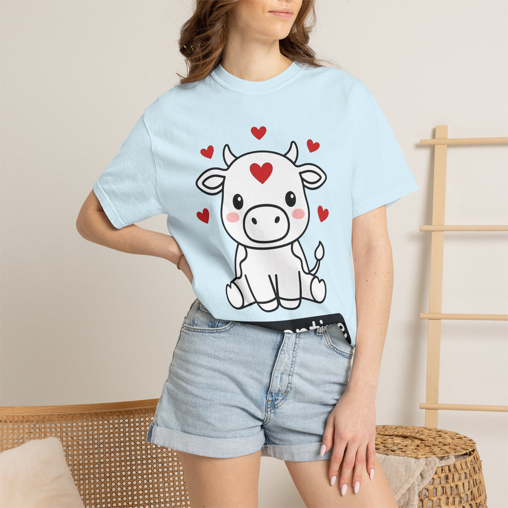Sweet Cow Shirt St. Valentine's Day Fauna Gift Women Anime Tee Cow T-Shirt Valentine Fan Manga Tshirt Wildlife Graphic Caricature Heart