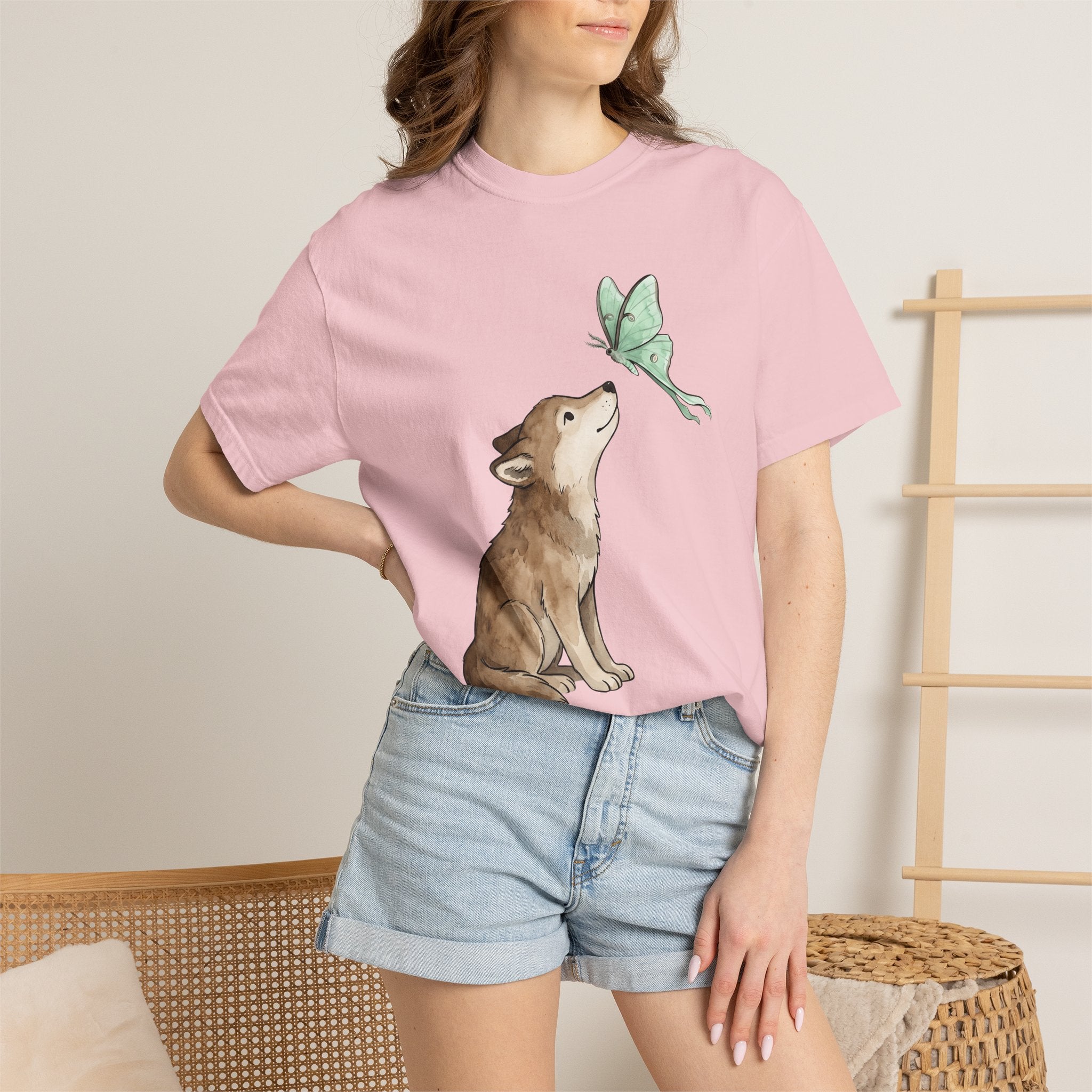 Wolf Butterfly Shirt Animals Wildlife Gift Women Pastel Tee Butterfly T-Shirt Animal Fan Soft Tshirt Wildlife Graphic Line Art Luna Moth