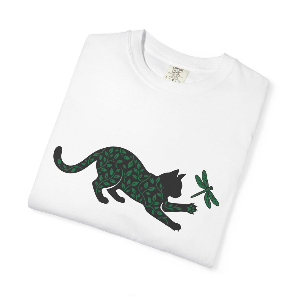 Cat Silhouette Shirt Cat Nature Gift Women Botanical Tee Kitten T-Shirt Cat Fan Feline Tshirt Wildlife Graphic Minimalist Dragonfly Tshirt