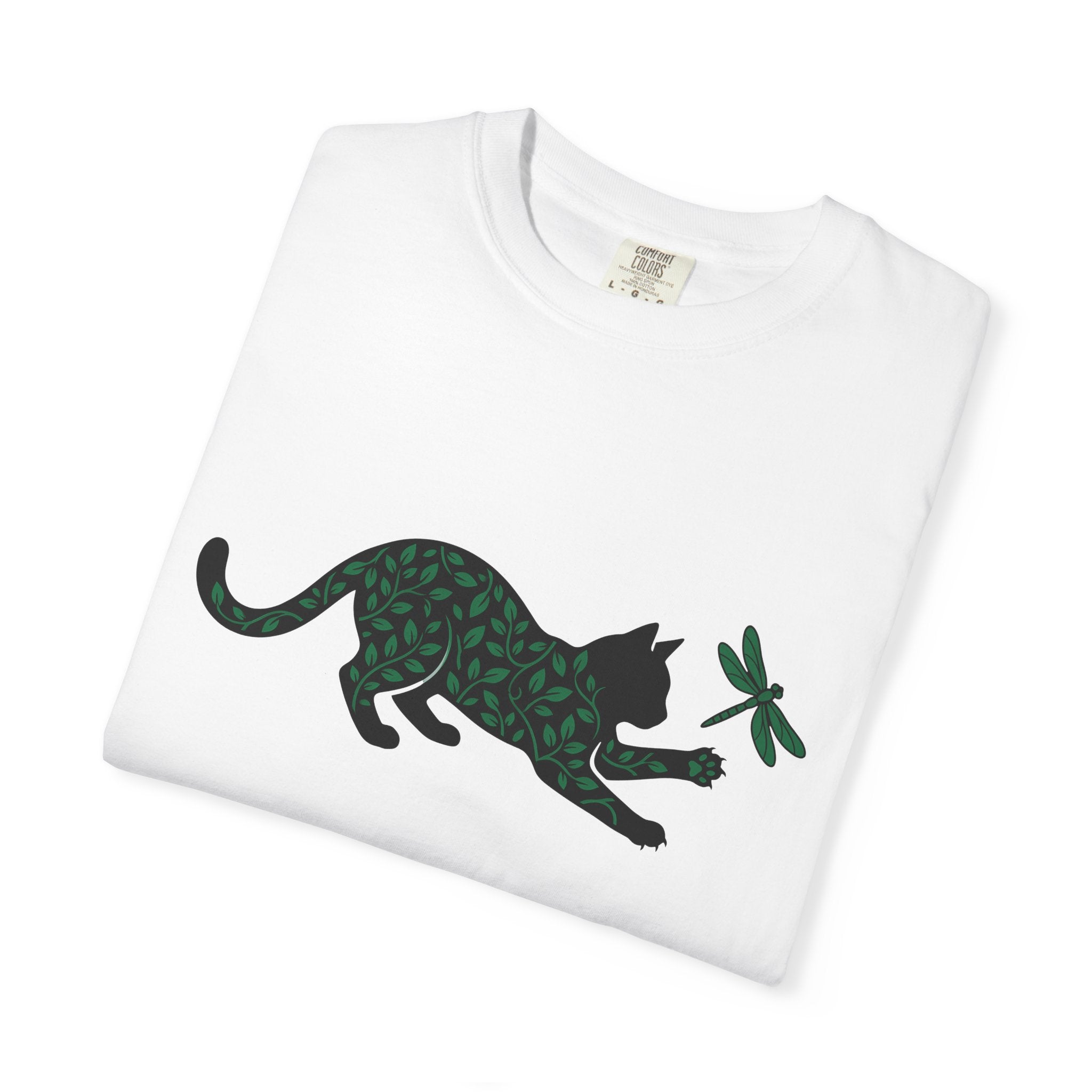 Cat Silhouette Shirt Cat Nature Gift Women Botanical Tee Kitten T-Shirt Cat Fan Feline Tshirt Wildlife Graphic Minimalist Dragonfly Tshirt