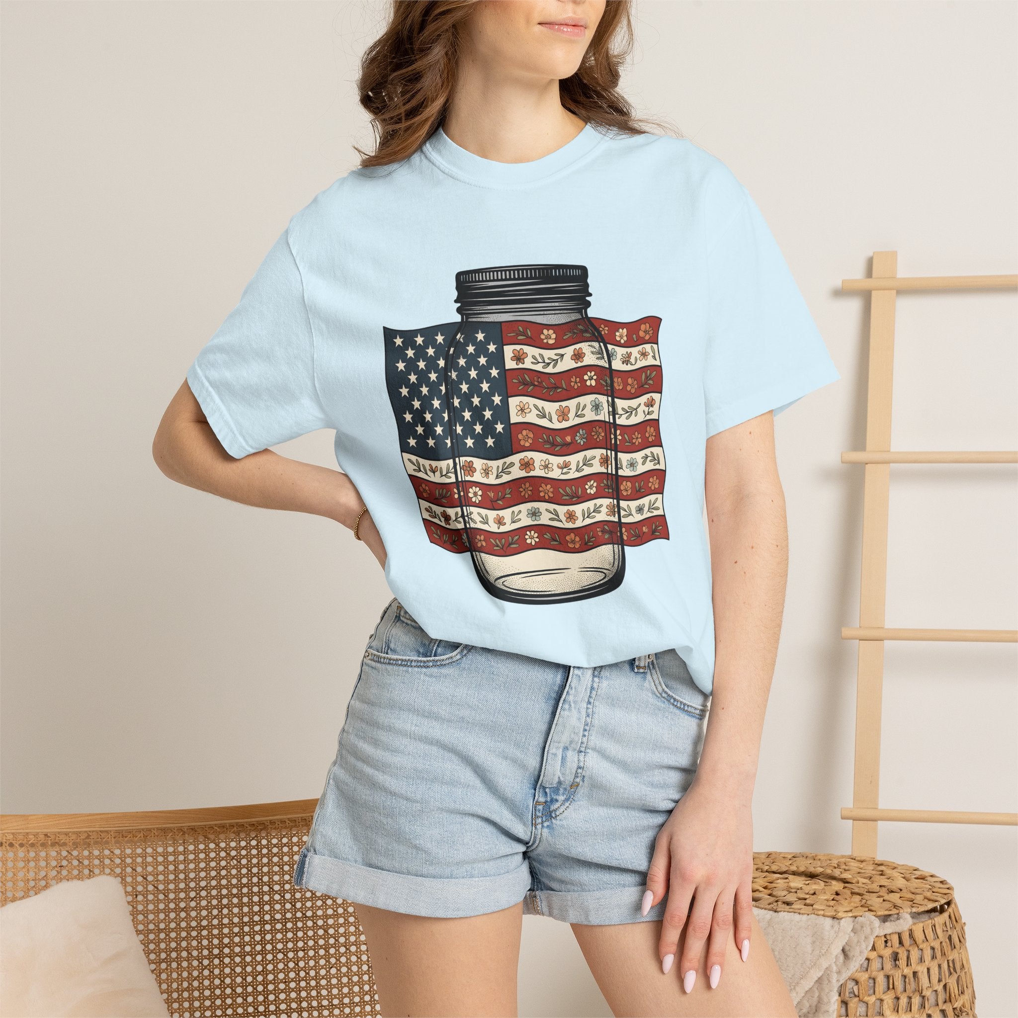 Mason Jar Flag Shirt 4th Of July Americana Gift Women Old School Tee Mason Jar T-Shirt Patriot Fan Vintage Tshirt Patriotic Graphic Outline