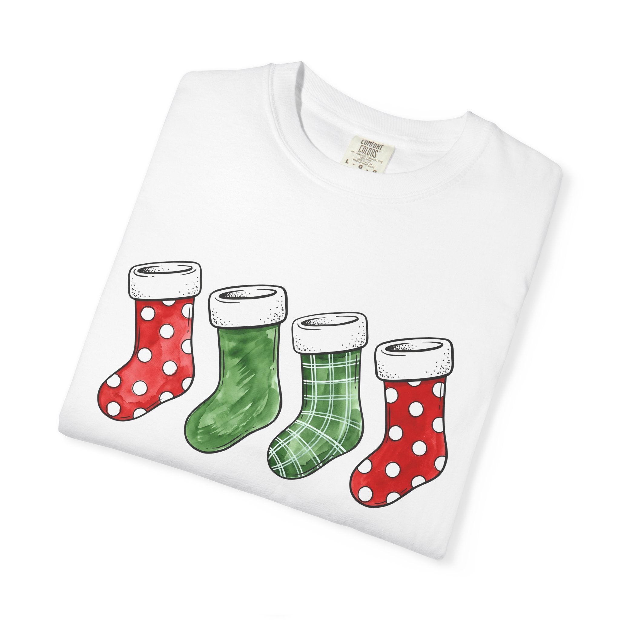 Christmas Stockings Shirt Christmas Holiday Gift Women Watercolor Tee Stocking T-Shirt Xmas Fan Watercolour Tshirt Seasonal Graphic Sketch