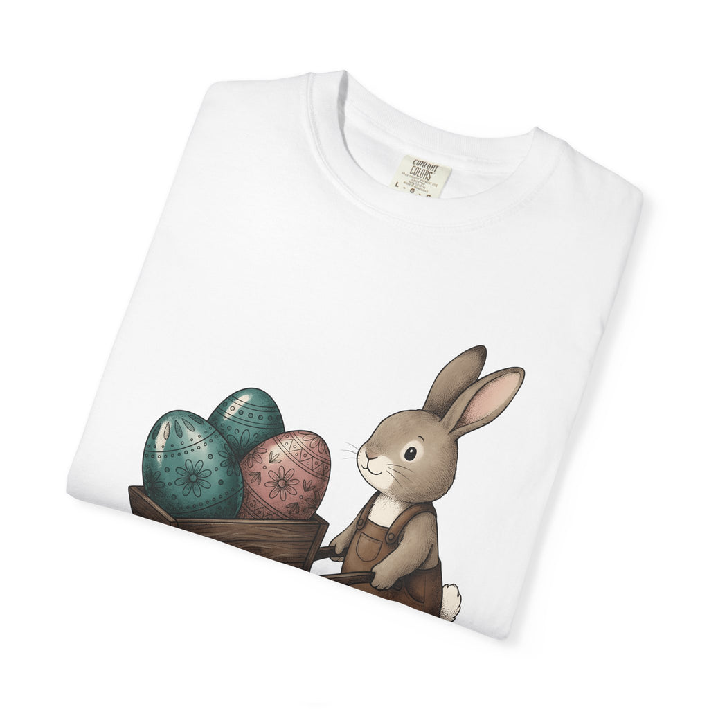 Bunny Cart Shirt Easter Wildlife Gift Women Sweet Tee Rabbit T-Shirt Easter Fan Bunny Tshirt Wildlife Graphic Doodle Colorful Eggs Tshirt