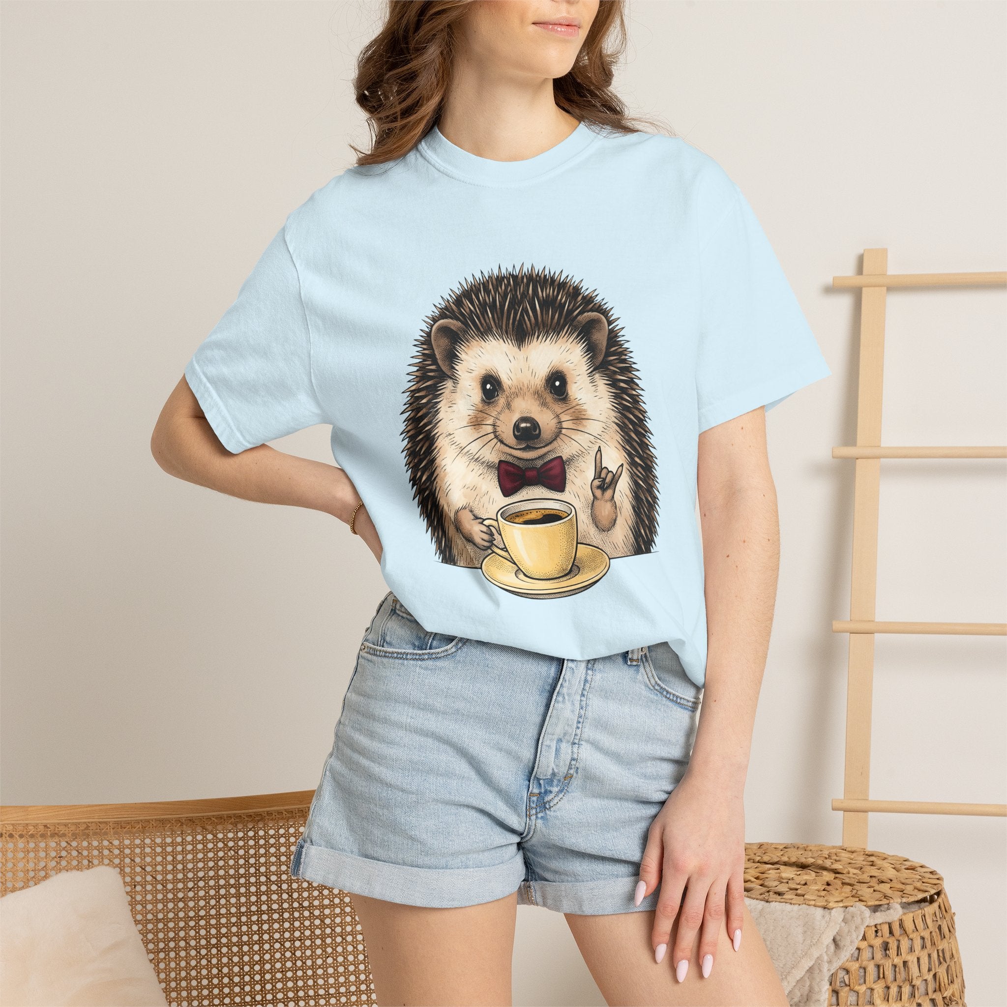 Hedgehog Coffee Shirt Coffee Animal Gift Women Hand Drawn Tee Coffee T-Shirt Coffee Fan Illustrated Graphic Creature Design Vintage Bow Tie