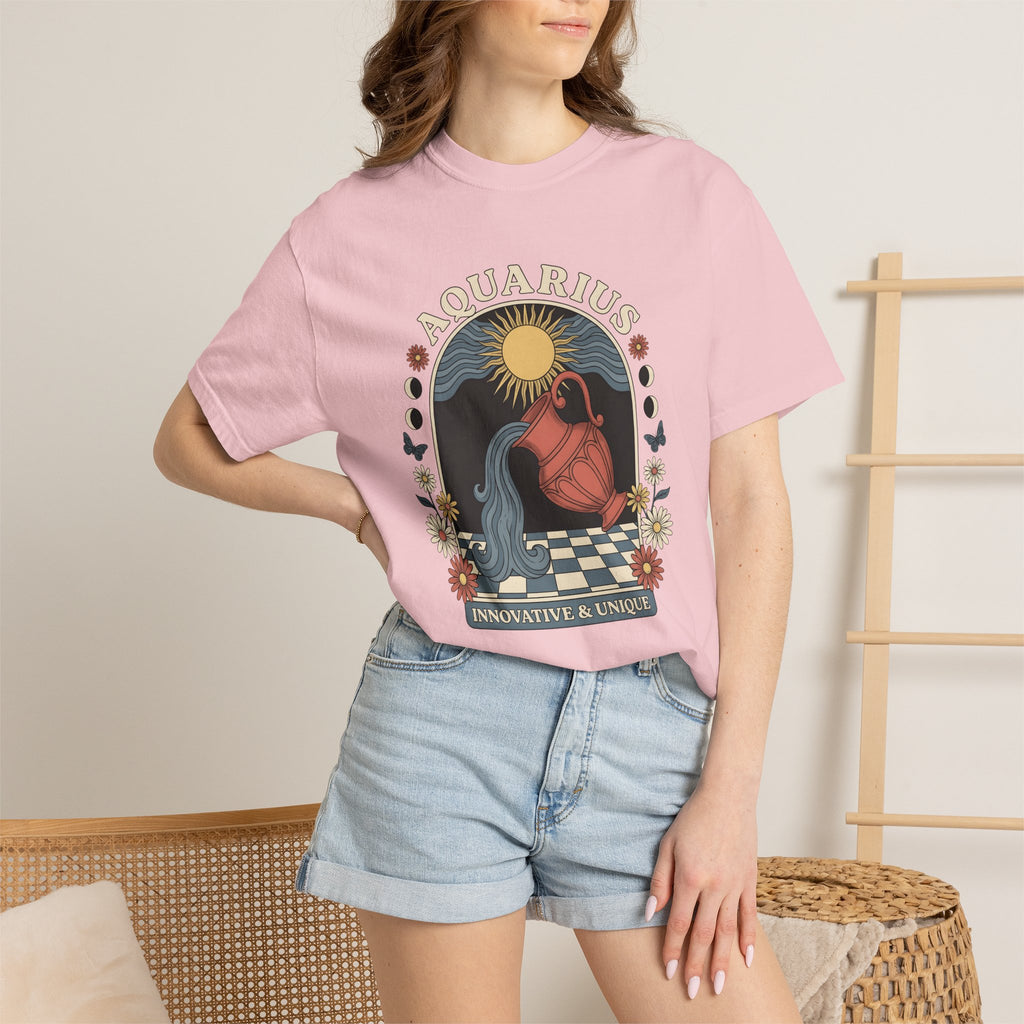 Aquarius Symbol Shirt Boho Chic Star Sign Gift Women Line Art Tee Water Bearer T-Shirt Bohemian Fan Minimalist Tshirt Zodiac Graphic Cartoon