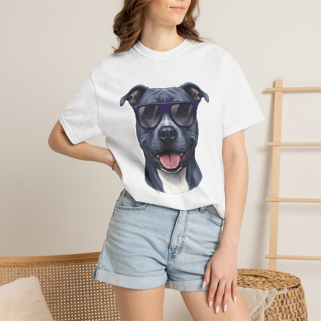 Pitbull Sunnies Shirt Dog Comedy Gift Women Detailed Tee Doggy Shades T-Shirt Dog Fan Realistic Tshirt Humor Graphic Old School Grin Tshirt