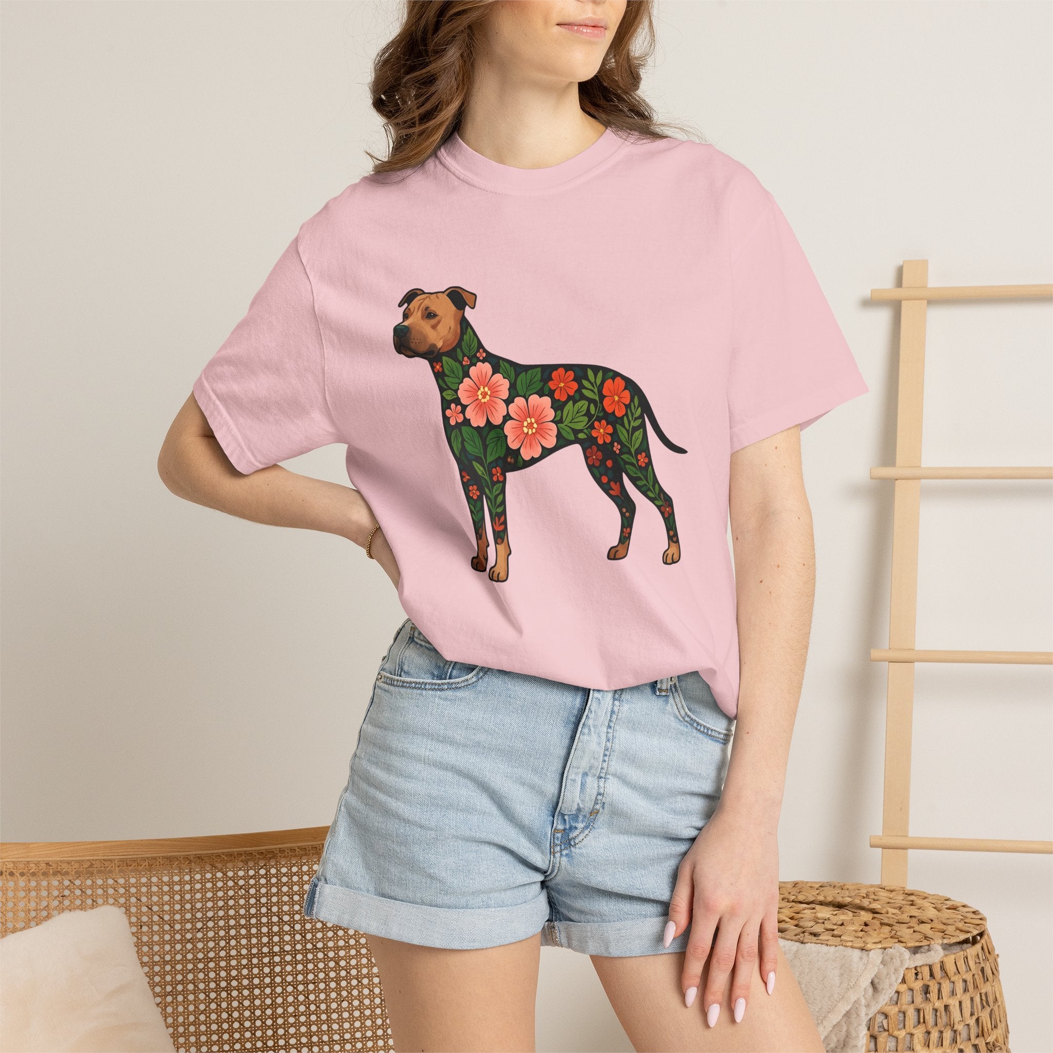 Pitbull Dog Shirt Dog Flora Gift Women Botanical Tee Pibble T-Shirt Dog Fan Herbaceous Graphic Tshirt Ethnic Floral Print Tshirt