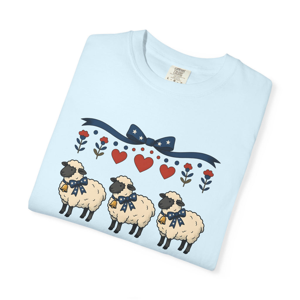 Sheep Trio Shirt 4th Of July Farmhouse Gift Women Folk Art Tee Flock T-Shirt Independence Fan Primitive Tshirt Rustic Graphic Vintage