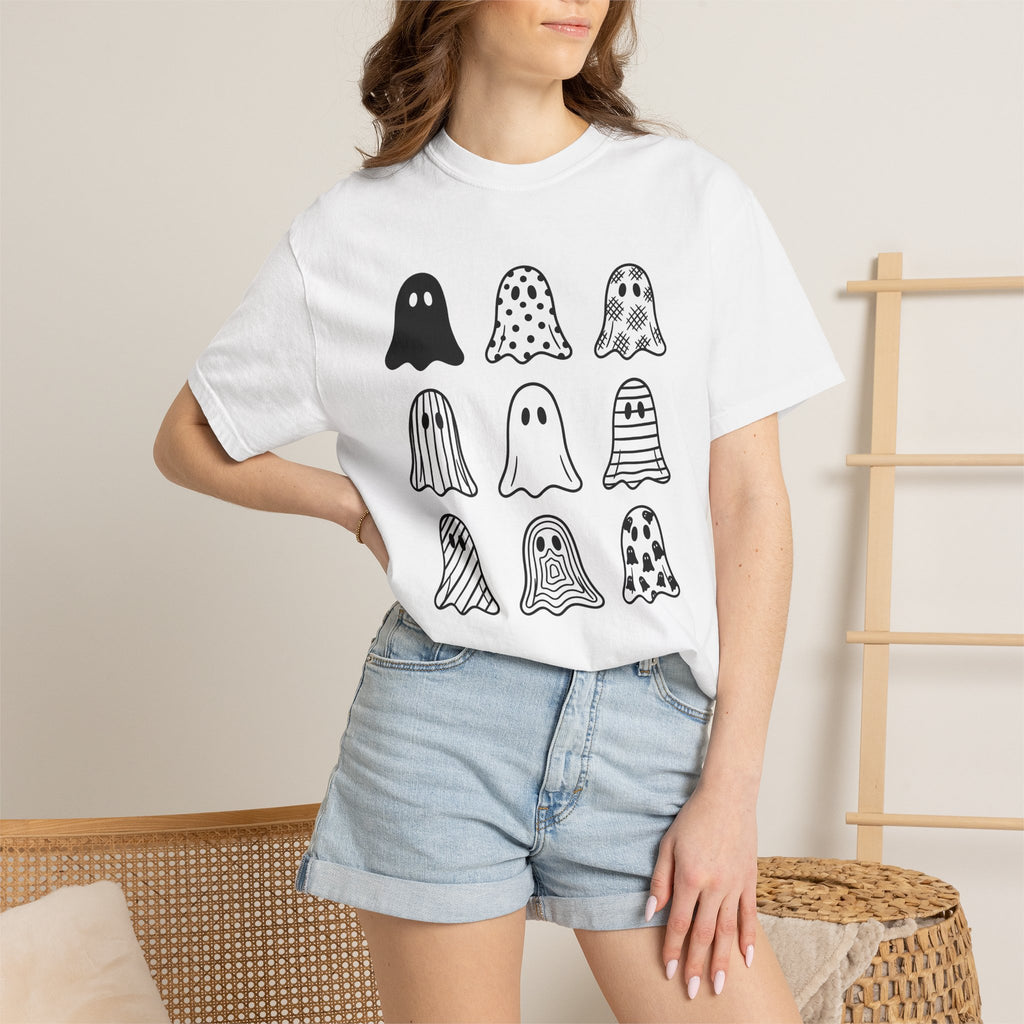 Ghost Motif Shirt St. Valentine's Day Harvest Gift Women Line Art Tee Specter T-Shirt Valentine Fan Illustration Tshirt Sleek Dot Pattern
