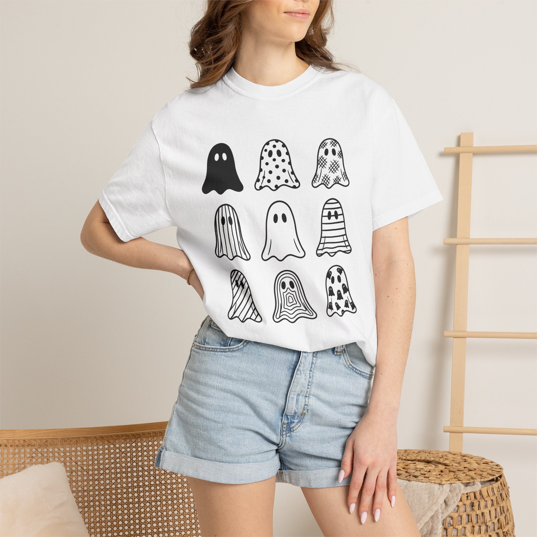 Ghost Motif Shirt St. Valentine's Day Harvest Gift Women Line Art Tee Specter T-Shirt Valentine Fan Illustration Tshirt Sleek Dot Pattern