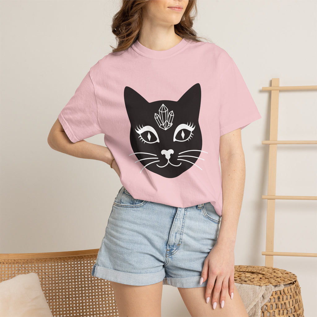 Black Cat Face Shirt Cat Witchy Gift Women Minimalist Tee Cat T-Shirt Cat Lady Fan Simple Tshirt Wiccan Graphic Boho Crystal Tshirt