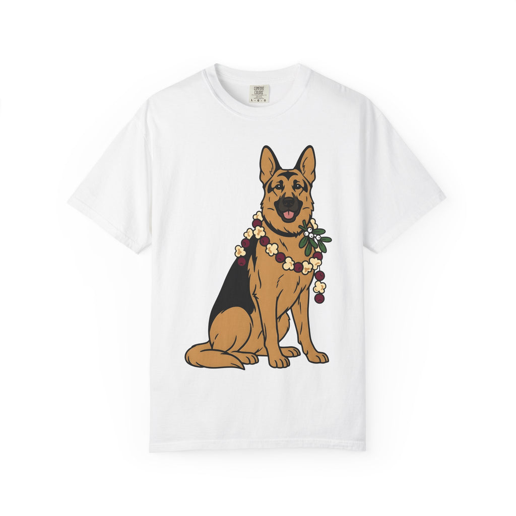 German Shepherd Shirt Dog Christmas Gift Women Cartoon Tee Alsatian T-Shirt Dog Fan Toon Tshirt Winter Graphic Minimalist Flower Garland