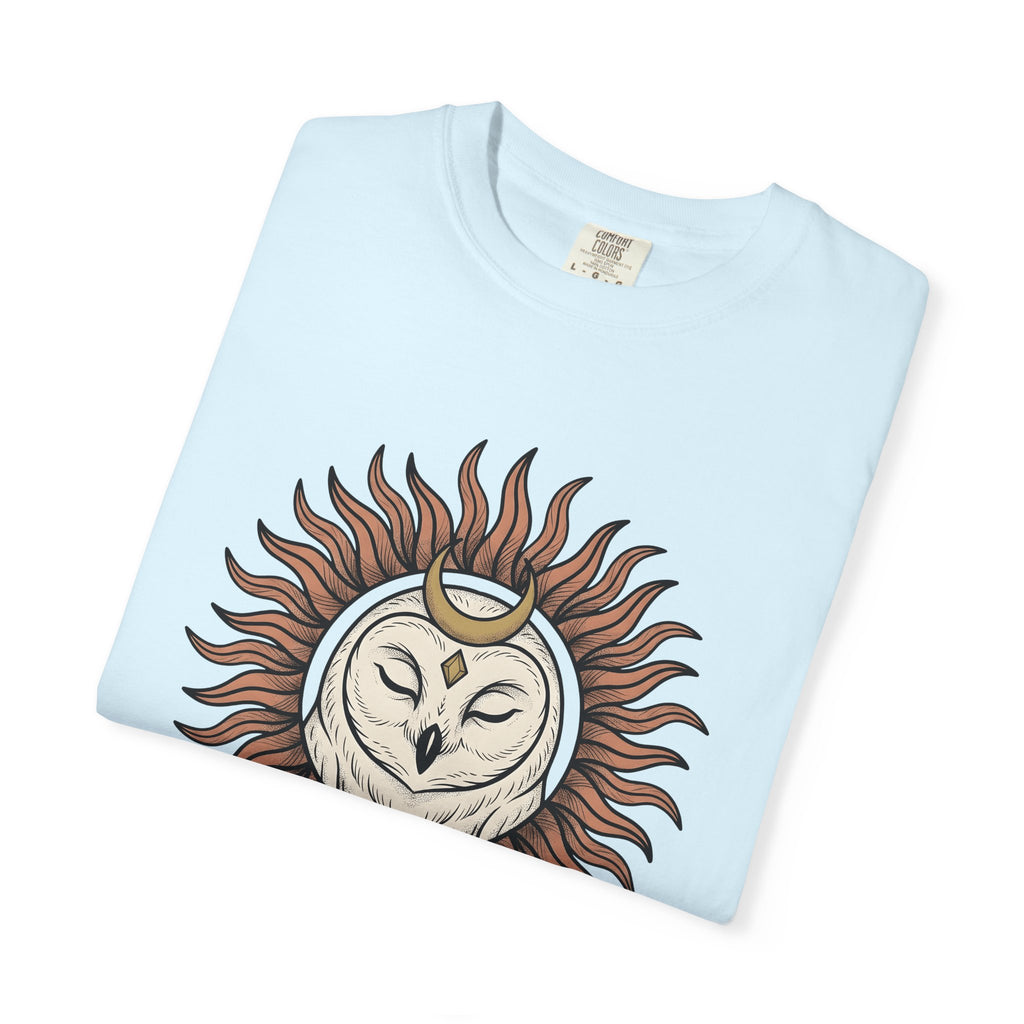 Owl Sun Shirt Boho Chic Magic Gift Women Tribal Tee Hoot T-Shirt Hippie Fan Ethnic Tshirt Mystical Graphic Sketch Crescent Moon Tshirt