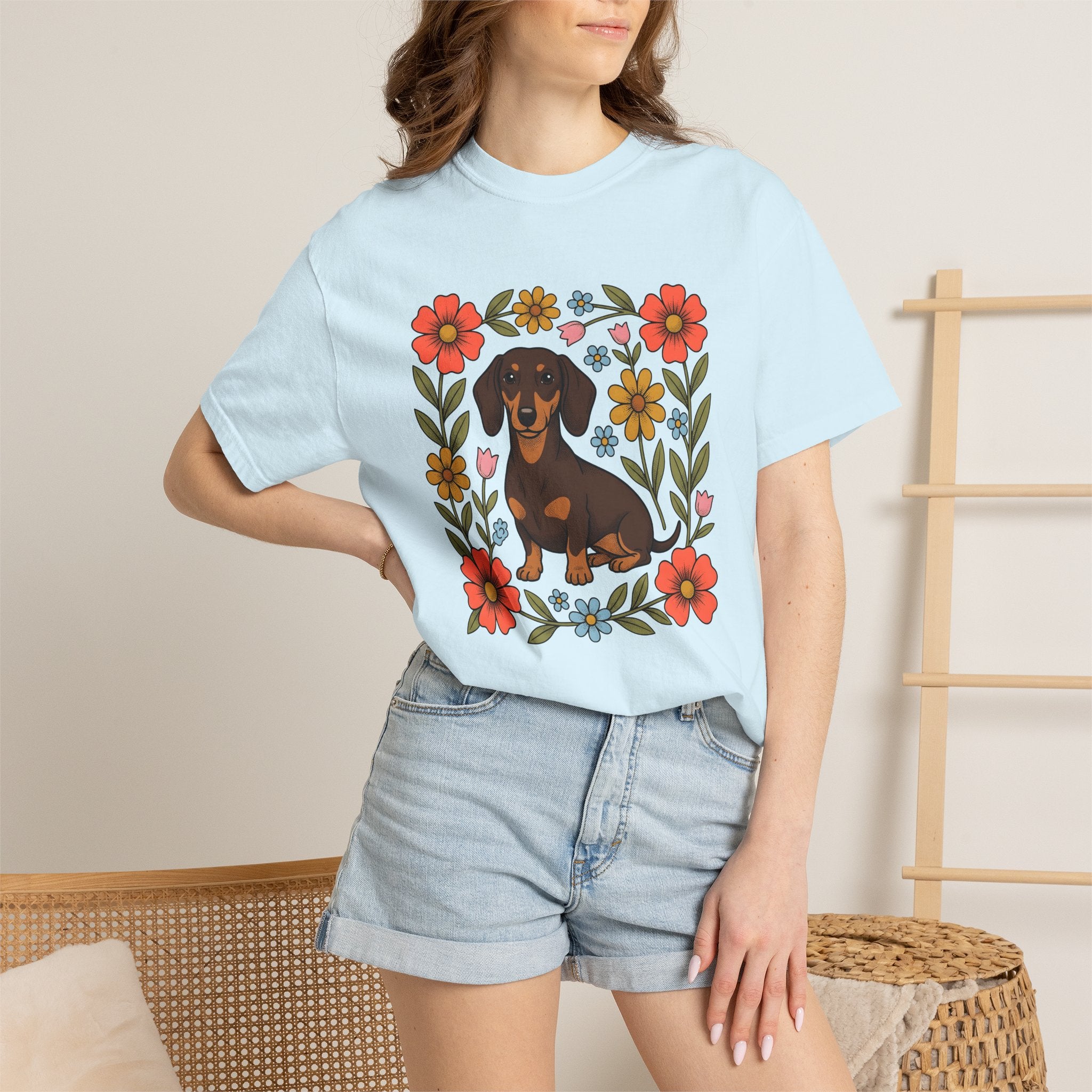 Dachshund Hound Shirt Dog Garden Gift Women Ethnic Tee Wiener Dog T-Shirt Dog Fan Tribal Tshirt Yard Graphic Antique Garland Frame Tshirt