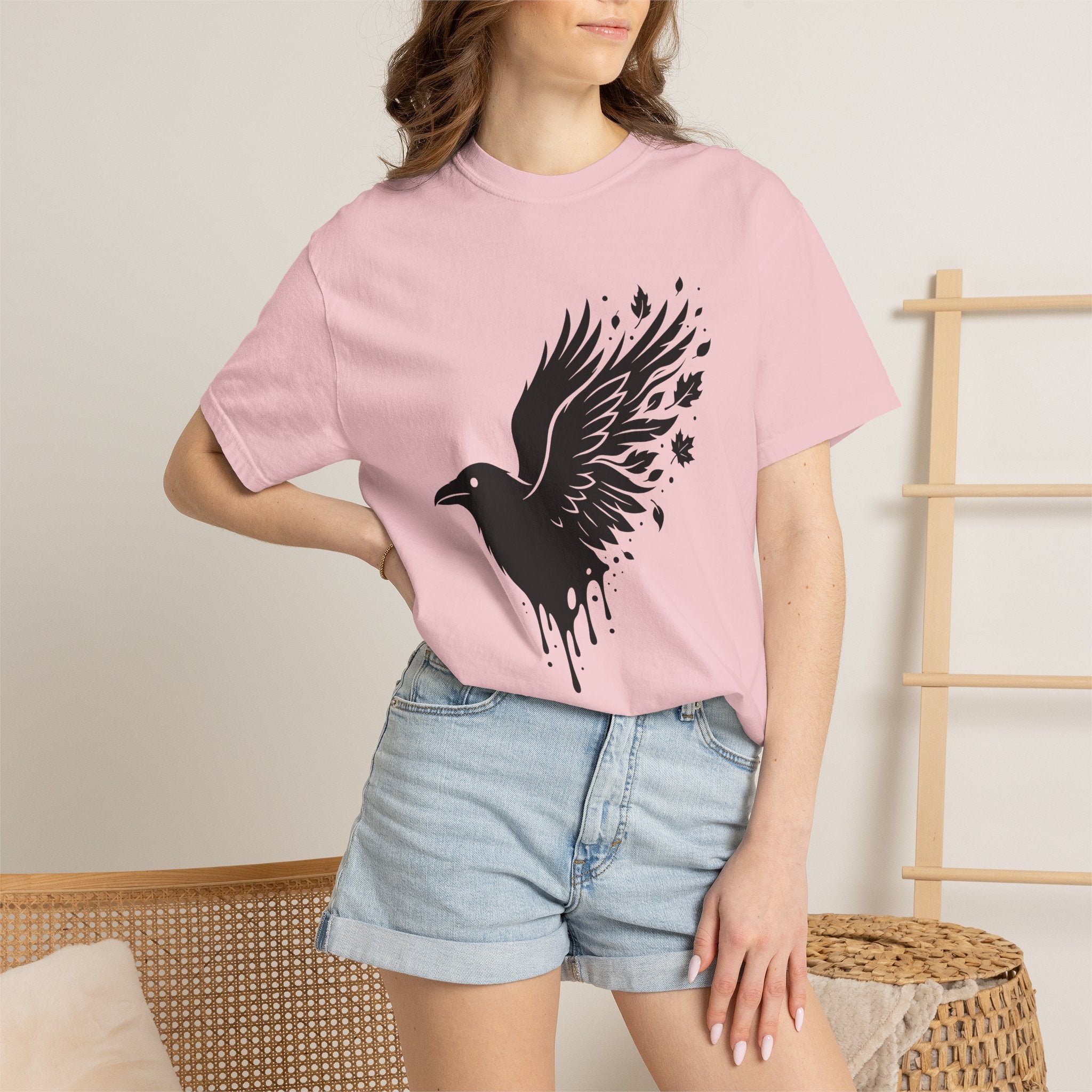 Dark Bird Shirt Animals Environment Gift Women Creepy Tee Raven T-Shirt Wildlife Enthusiast Spooky Tshirt Eco Graphic Bare Tree Leaves