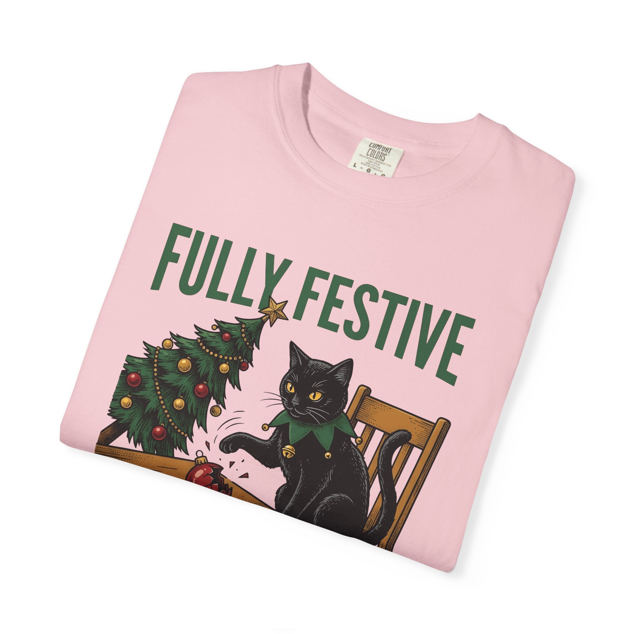 Black Cat Shirt Christmas Animal Gift Women Hand Drawn Tee Kitty T-Shirt Xmas Fan Feline Graphic Illustration Tshirt Line Art Christmas Tree