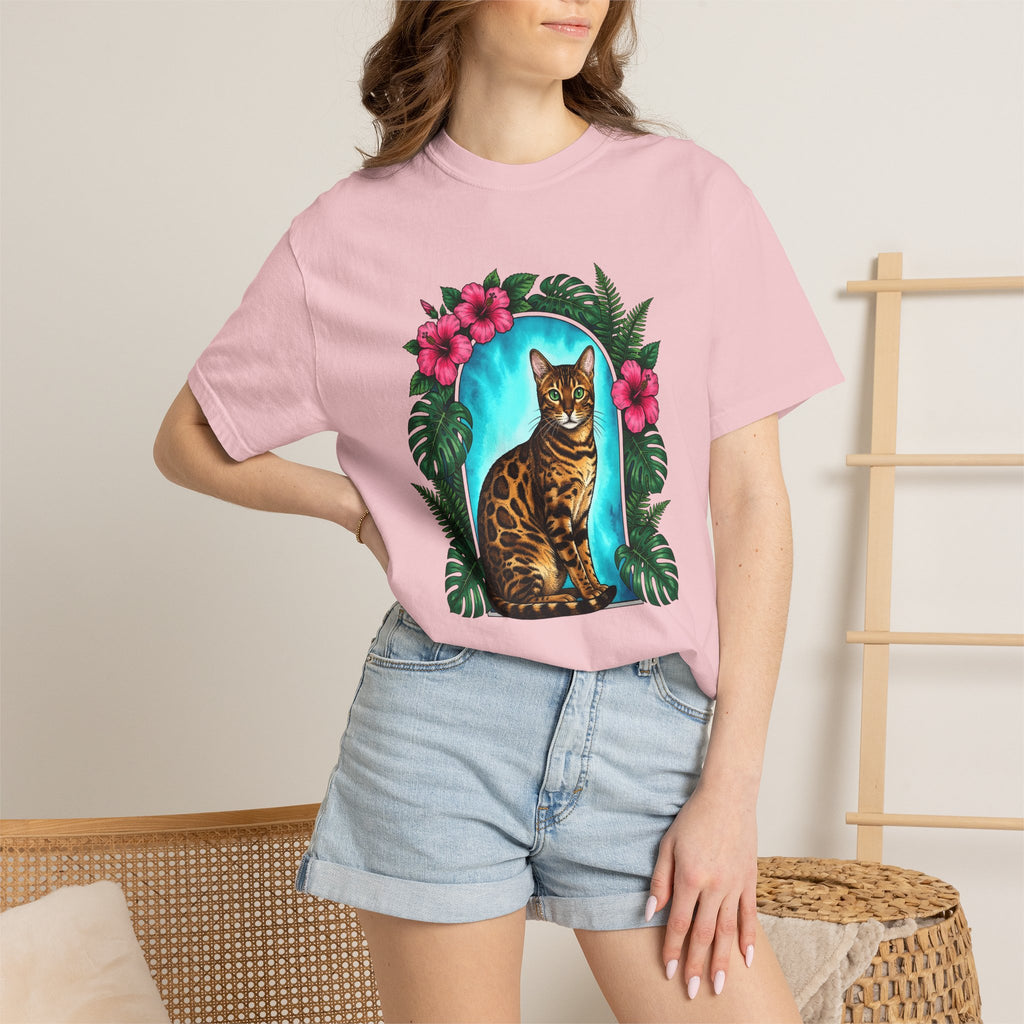 Bengal Cat Shirt Cat Floral Gift Women Botanical Tee Cat T-Shirt Cat Fan Foliage Graphic Tshirt Vintage Hibiscus Flowers Tshirt