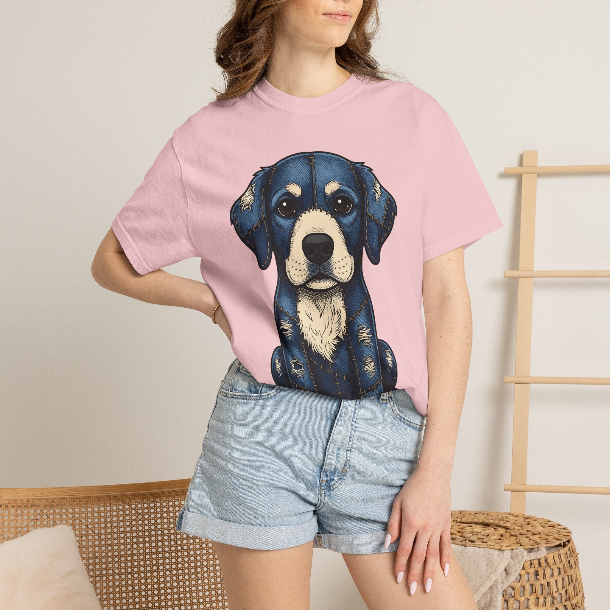Patchwork Canine Shirt Dog Pet Gift Women Line Art Tee Dog T-Shirt Dog Fan Drawing Tshirt Animal Graphic Antiqued Denim Tshirt