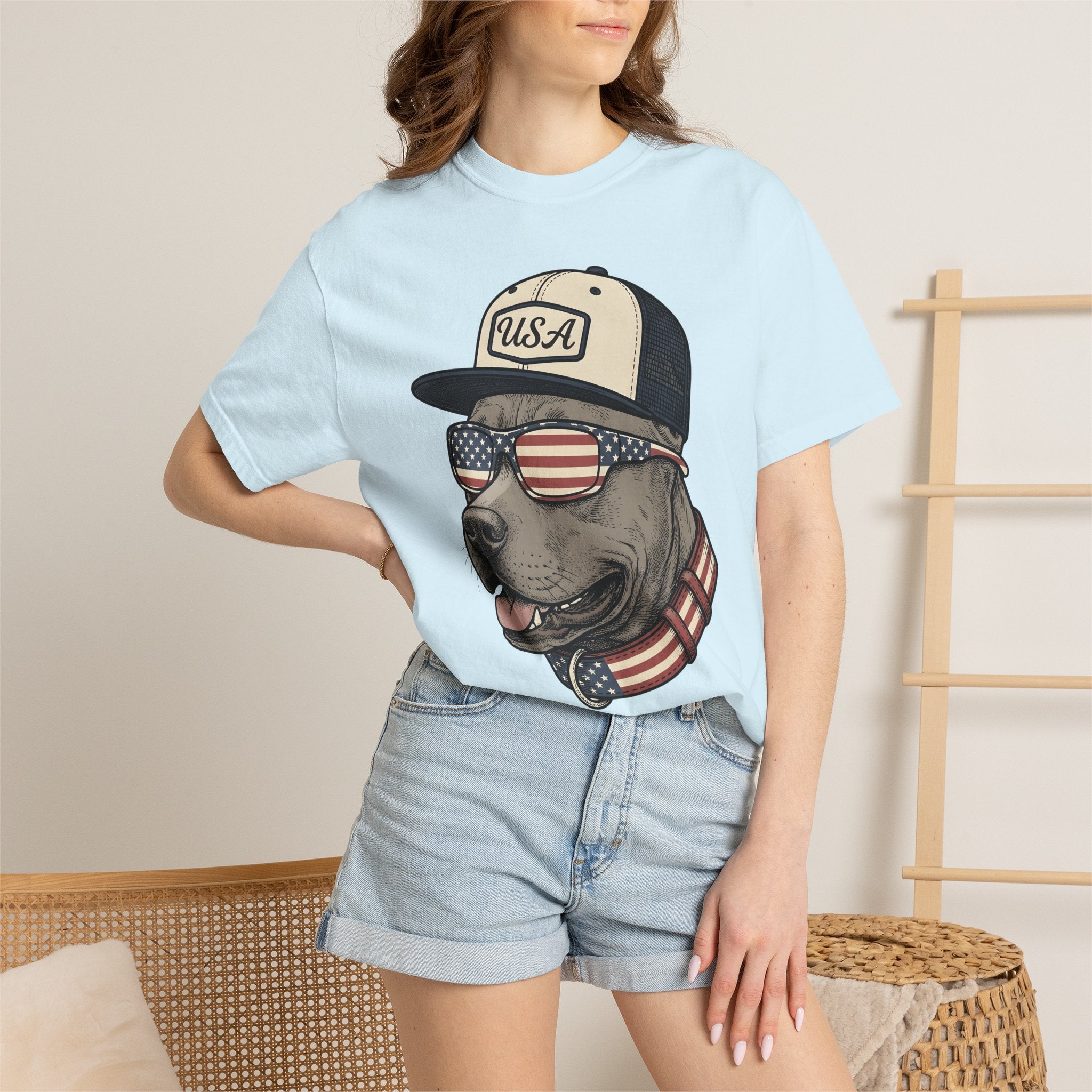 Flag Dog Shirt Dog America Gift Women Classic Tee Bulldog T-Shirt Dog Fan Puppy Tshirt Patriotic Graphic Line Art Specs Tshirt