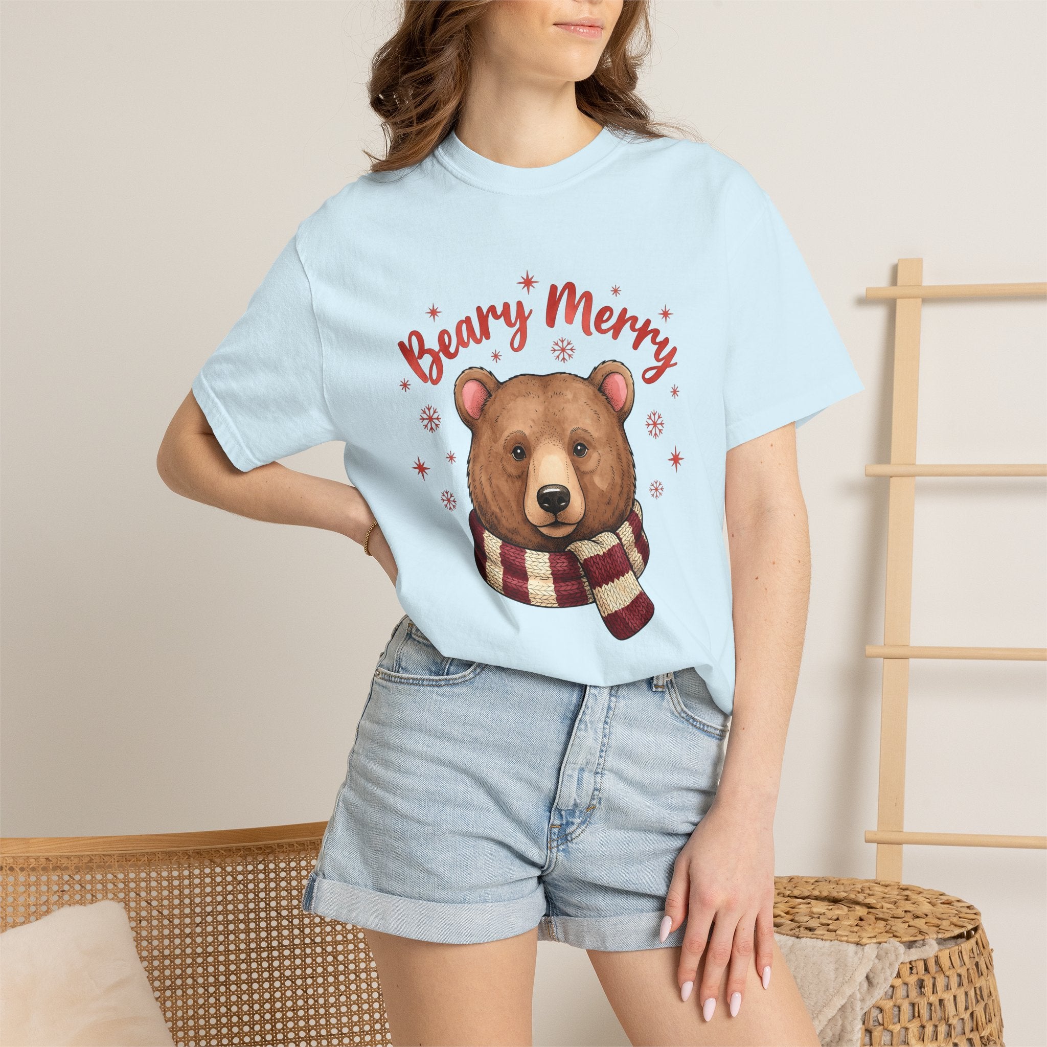 Bear Scarf Shirt Animals Holiday Gift Women Cute Tee Teddy T-Shirt Wildlife Fan Cartoon Tshirt Christmas Graphic Doodle Snowflakes Tshirt