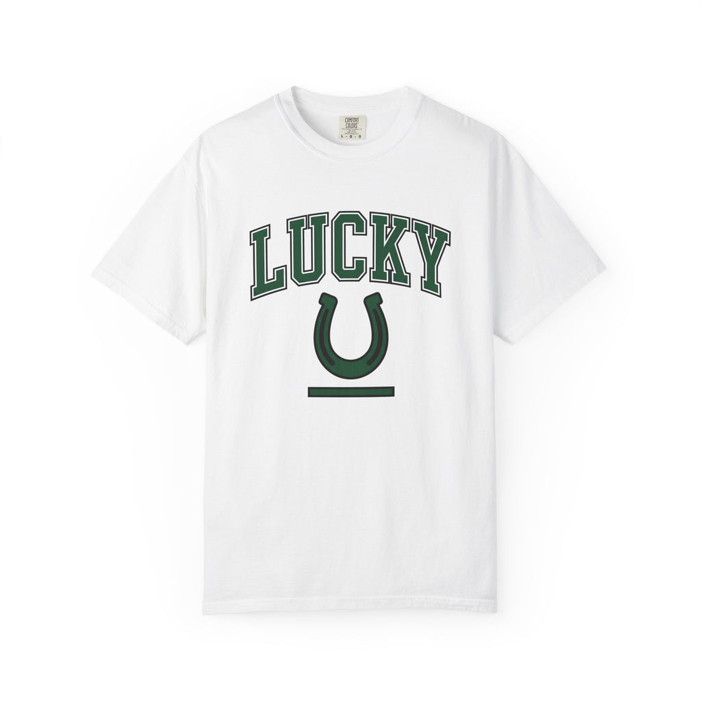 Horseshoe Graphic Shirt St Patricks Day Luck Gift Women Varsity Tee Horseshoe T-Shirt Lucky Fan Lucky Charm Graphic Design Minimalist Bold