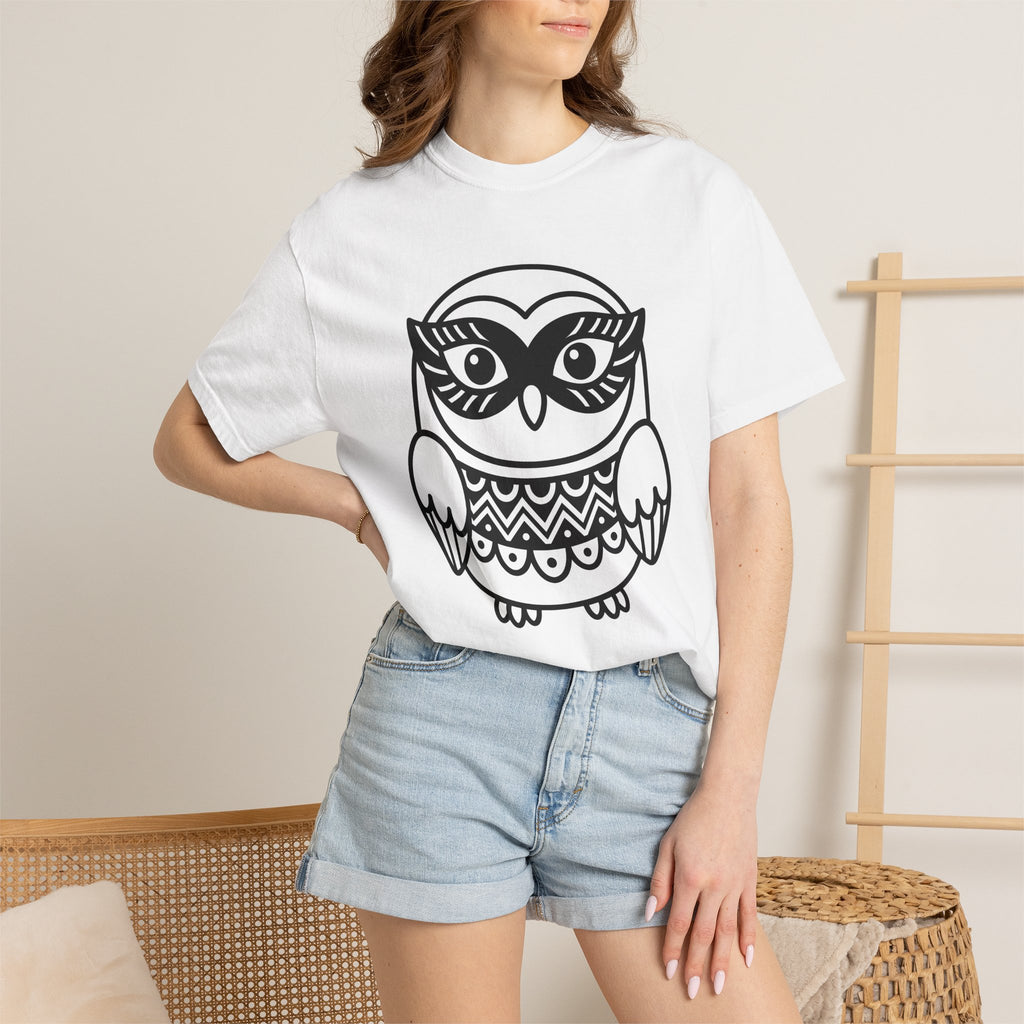 Owl Drawing Shirt Owl Nature Gift Women Folk Tee Hoot T-Shirt Owl Fan Primitive Tshirt Wilderness Graphic Clean Wave Stripes Tshirt