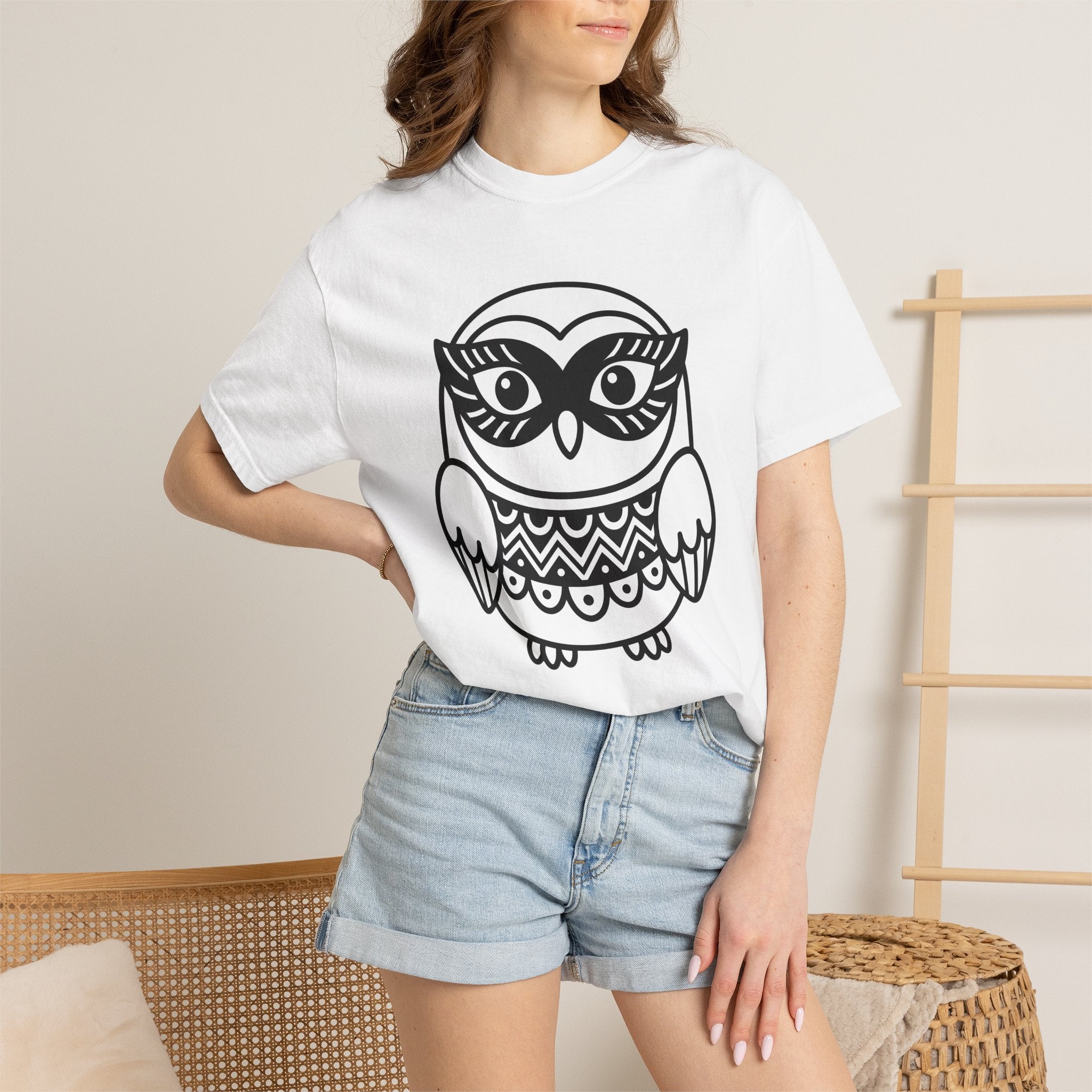 Owl Drawing Shirt Owl Nature Gift Women Folk Tee Hoot T-Shirt Owl Fan Primitive Tshirt Wilderness Graphic Clean Wave Stripes Tshirt