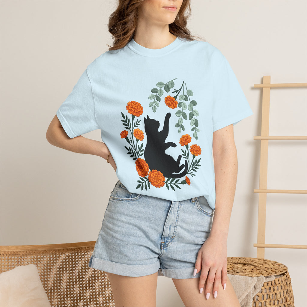 Black Puss Shirt Cat Greenery Gift Women Needlework Tee Cat T-Shirt Cat Fan Embroidery Tshirt Foliage Graphic Plant Orange Petals Tshirt