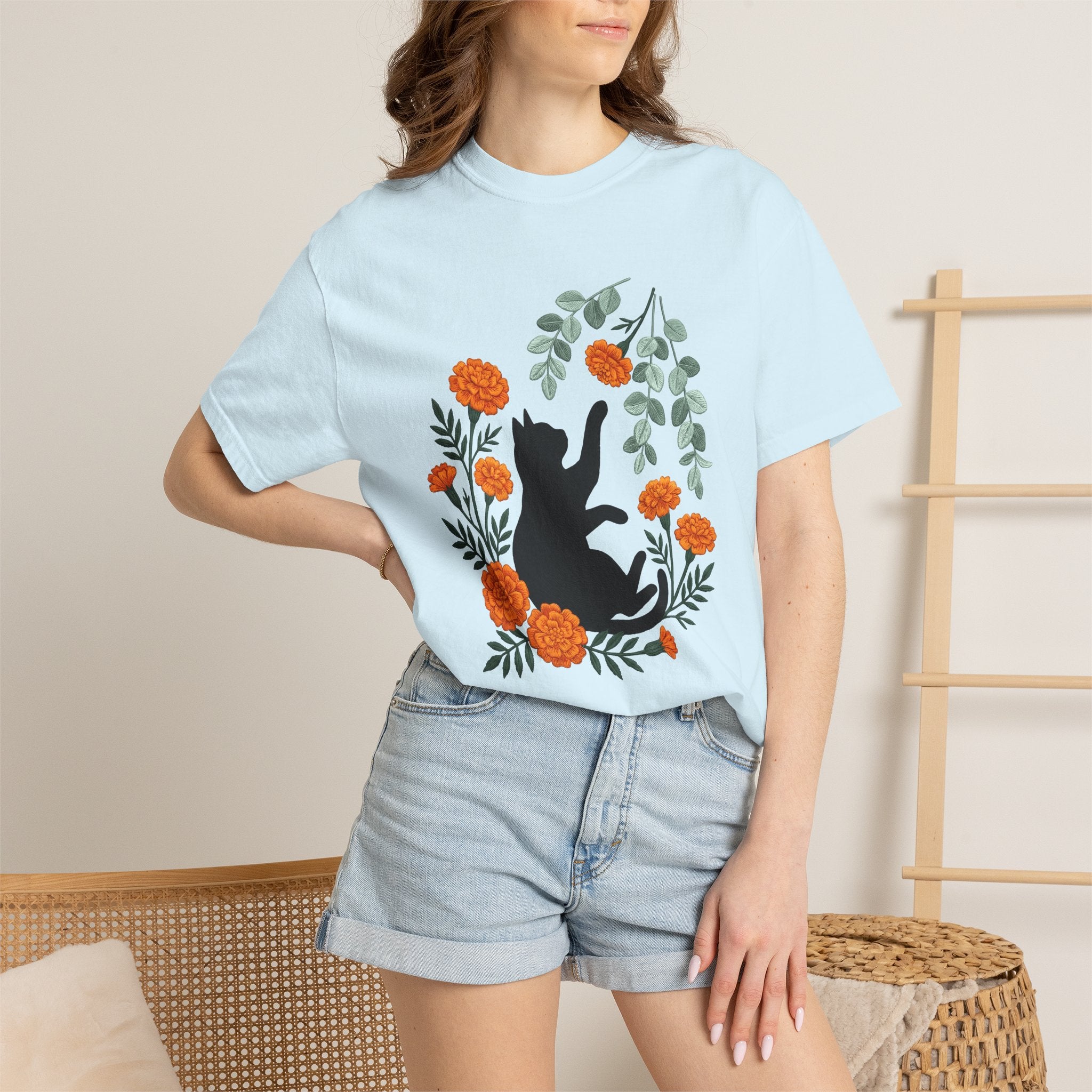 Black Puss Shirt Cat Greenery Gift Women Needlework Tee Cat T-Shirt Cat Fan Embroidery Tshirt Foliage Graphic Plant Orange Petals Tshirt