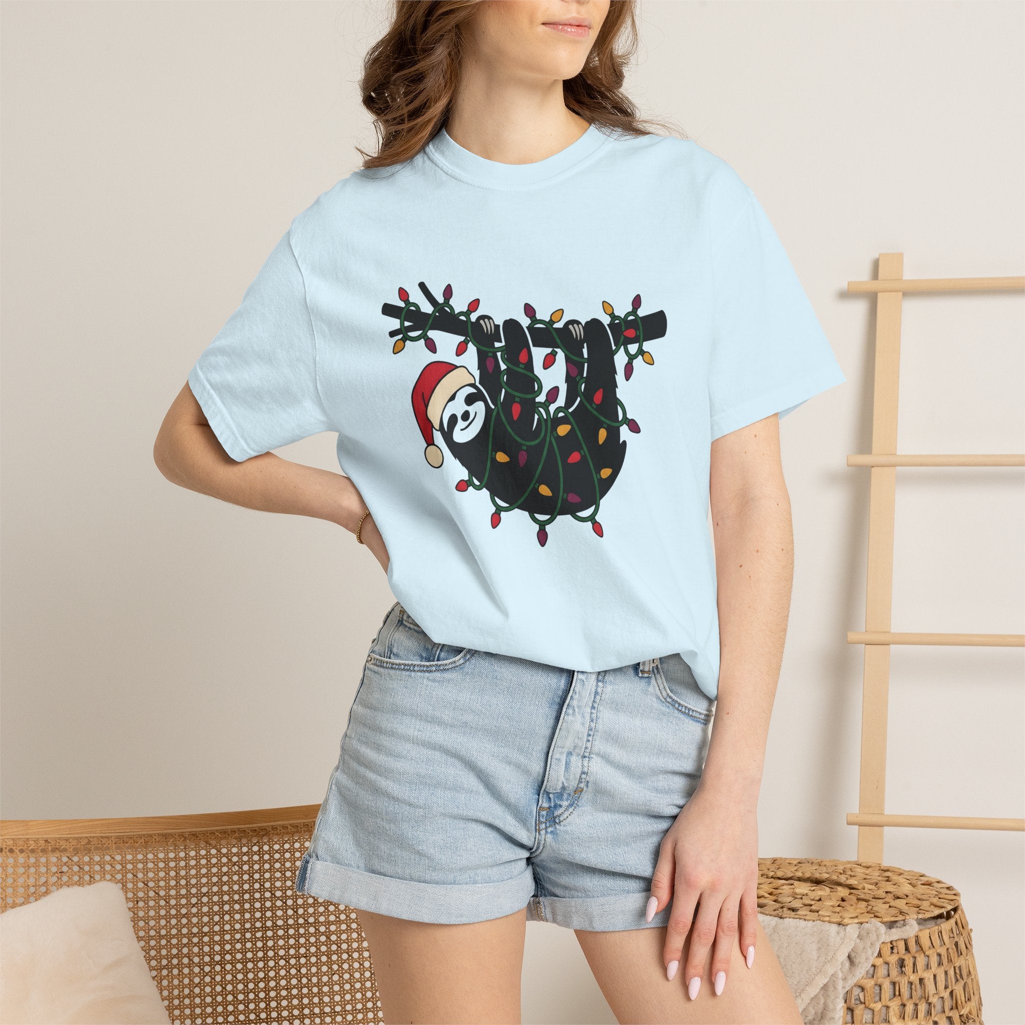 Sloth Xmas Shirt Animals Christmas Gift Women Cute Tee Sloth T-Shirt Wildlife Fan Adorable Tshirt Holiday Graphic Simple Christmas Lights