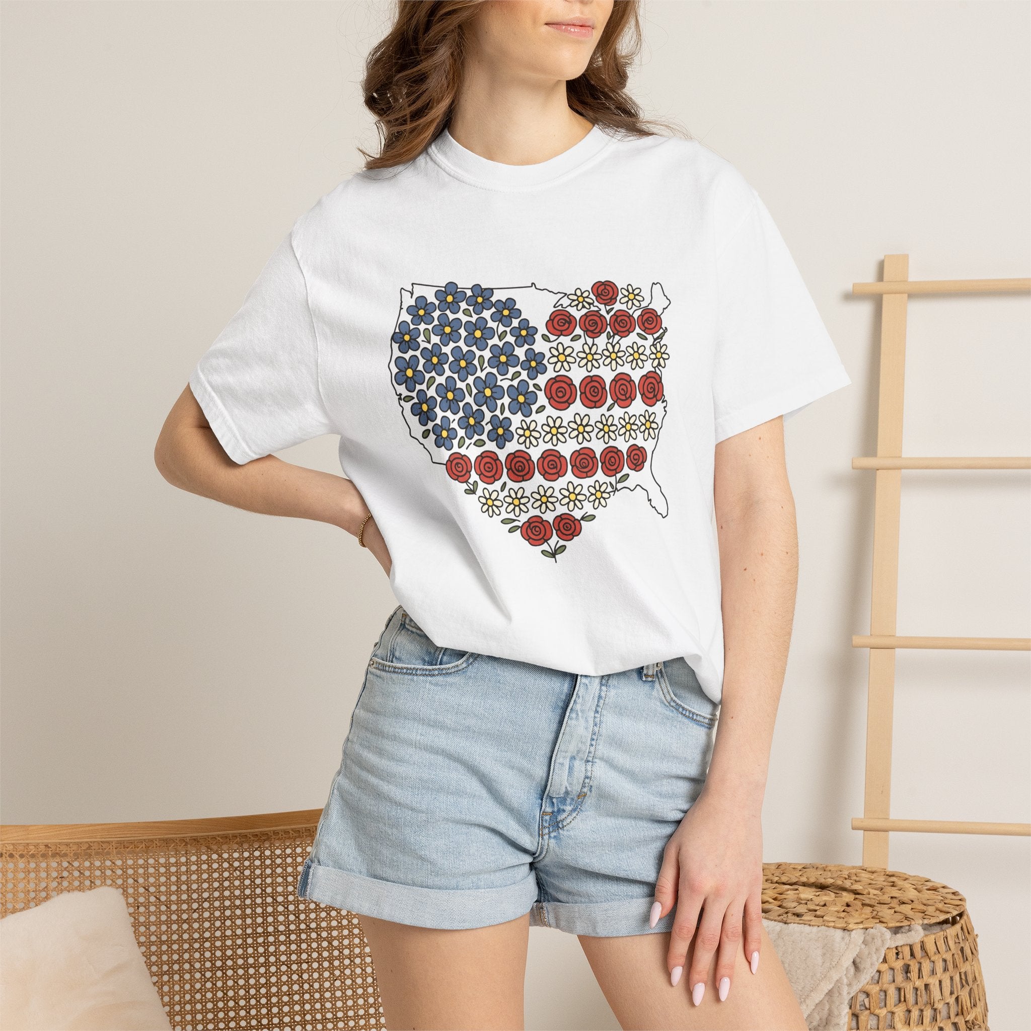 United States Floral Shirt 4th Of July Freedom Gift Women Ethnic Tee American Flowers T-Shirt Patriotic Fan Tribal Tshirt Liberty Graphic