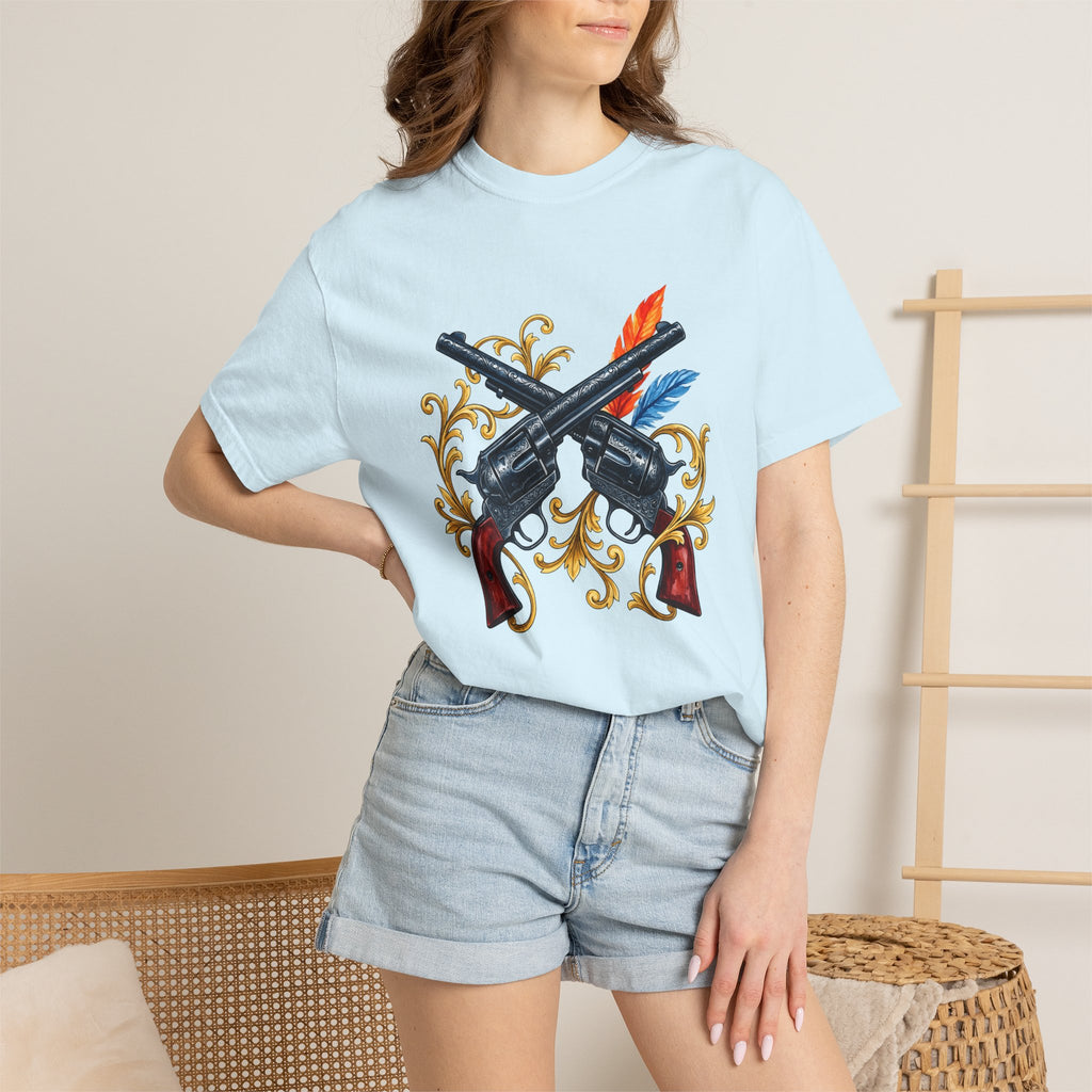 Crossed Revolvers Shirt Cowgirl Country Gift Women Western Tee Guns T-Shirt Cowboy Fan Rustic Tshirt Rural Graphic Vintage Feathers Tshirt