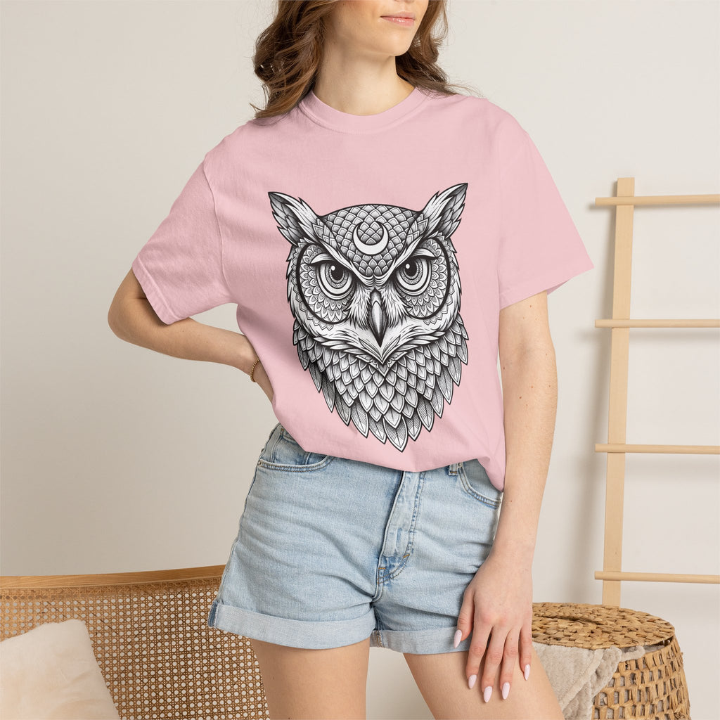 Owl Head Shirt Boho Chic Animal Gift Women Boho Tee Owl T-Shirt Bohemian Fan Hoot Graphic Mandala Crescent Moon Tshirt