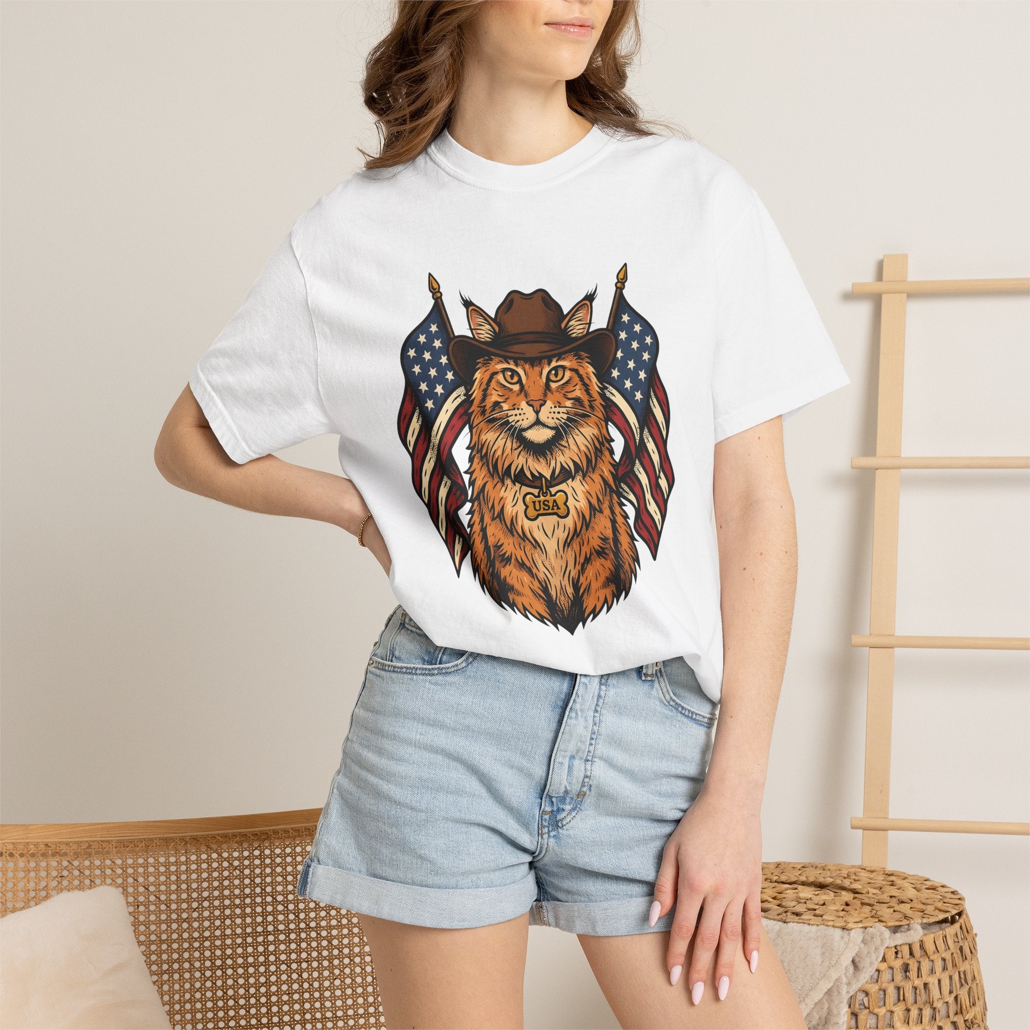 Cowboy Cat Shirt America/4th Of July Patriotic Gift Women Vintage Tee Kitty Cat T-Shirt Independence Day Fan Retro Tshirt Nationalistic