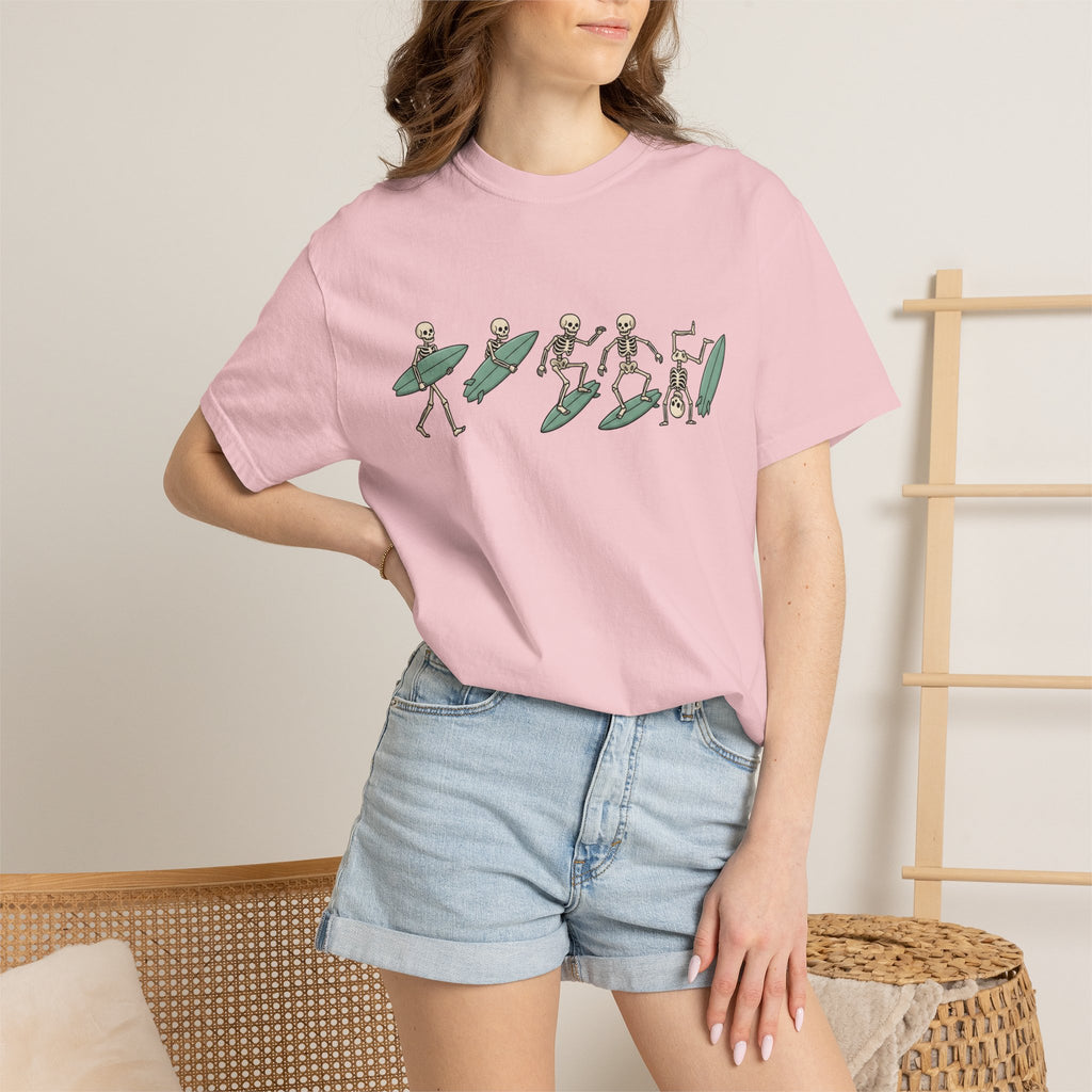 Skeleton Wave Riding Shirt Surfing Coast Gift Women Caricature Tee Surfboard T-Shirt Surfer Fan Coastal Graphic Doodle Longboard Tshirt