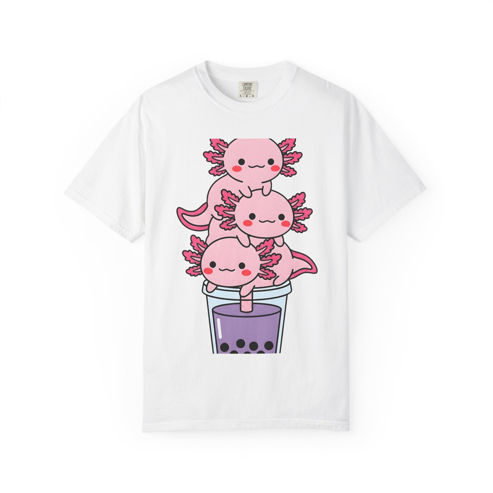 Axolotl Tea Shirt Drinks Pets Gift Women Cute Tee Mexican Salamander T-Shirt Beverage Fan Animal Graphic Illustration Comic Boba Drink
