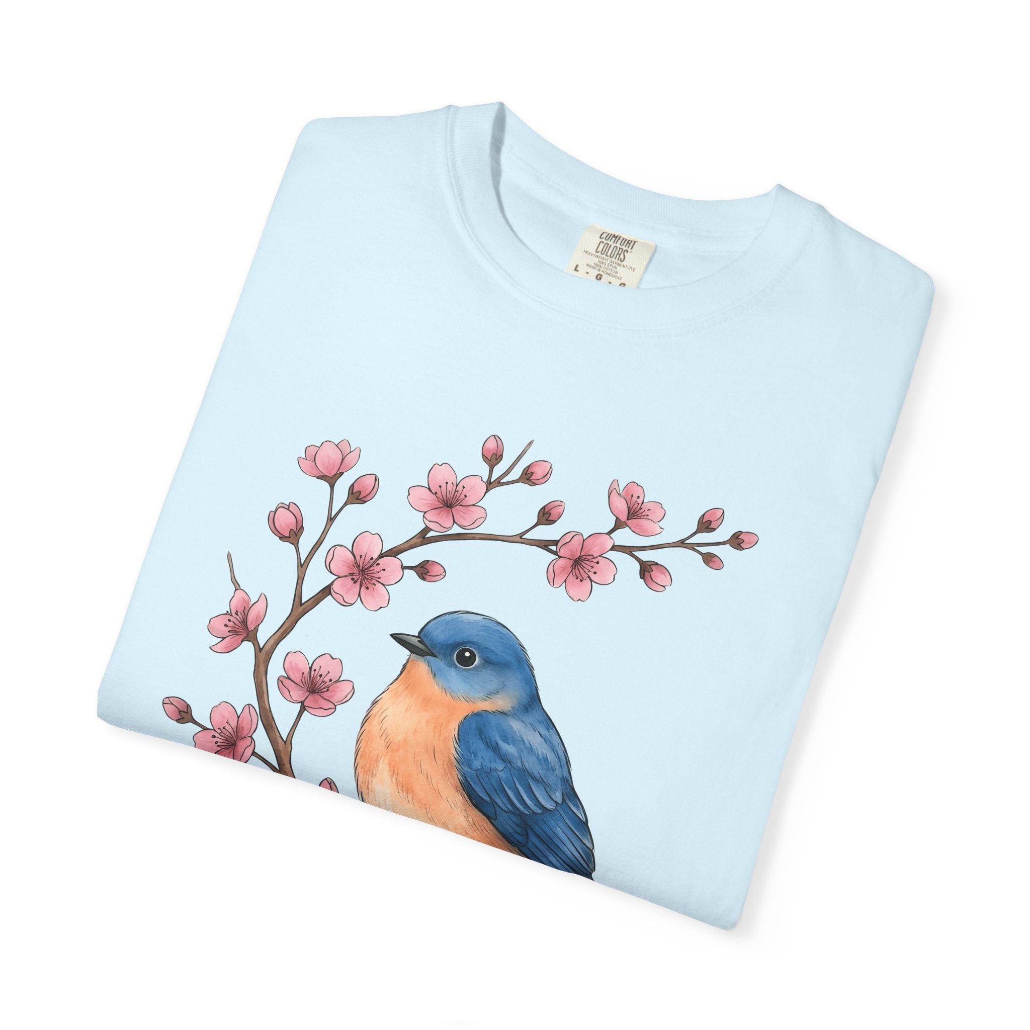 Bluebird Floral Shirt Easter Spring Gift Women Watercolor Tee Floral T-Shirt Easter Fan Painted Tshirt Seasonal Graphic Hand Drawn Cherry
