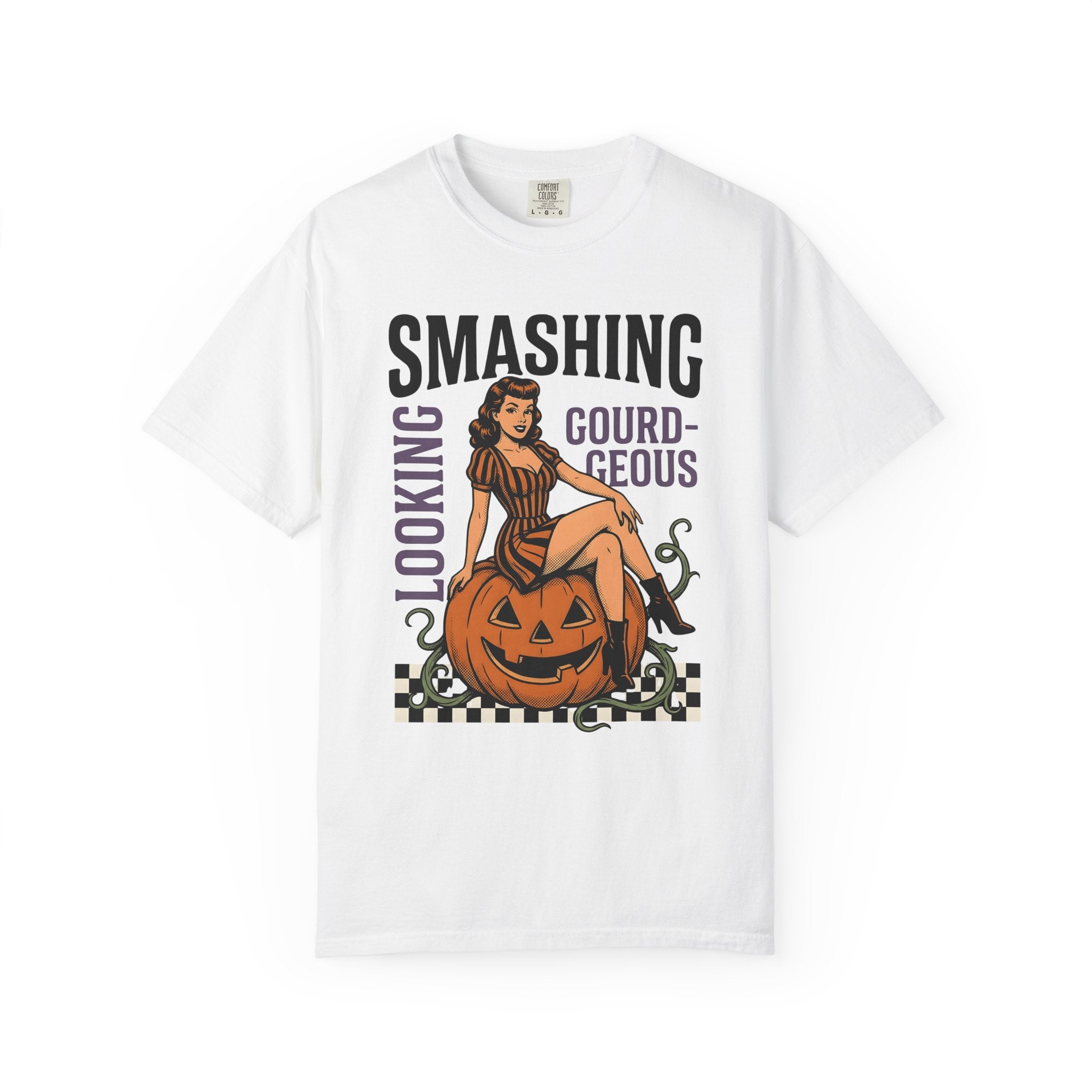 Pinup Girl Pumpkin Shirt Halloween Pinup Gift Women Vintage Tee Gourd T-Shirt Horror Fan Retro Tshirt Pinup Graphic Retro Checkerboard