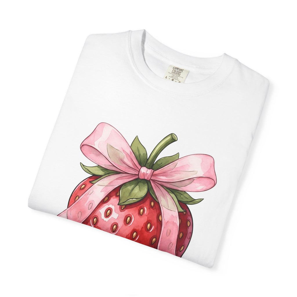 Strawberry Bow Shirt St. Valentine's Day Produce Gift Women Hand Painted Tee Bow T-Shirt Valentine's Day Fan Painted Tshirt Fruit Graphic