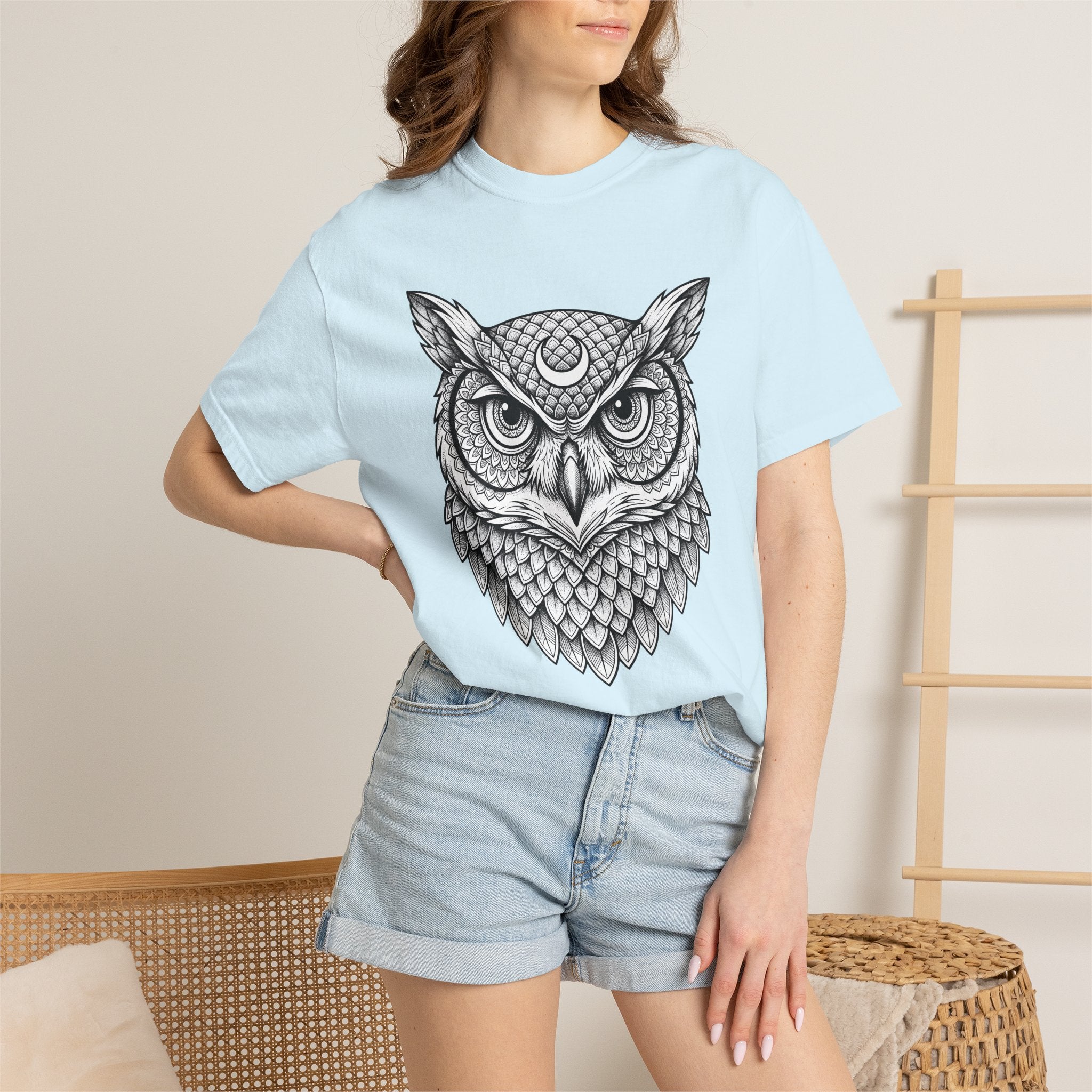 Owl Head Shirt Boho Chic Animal Gift Women Boho Tee Owl T-Shirt Bohemian Fan Hoot Graphic Mandala Crescent Moon Tshirt