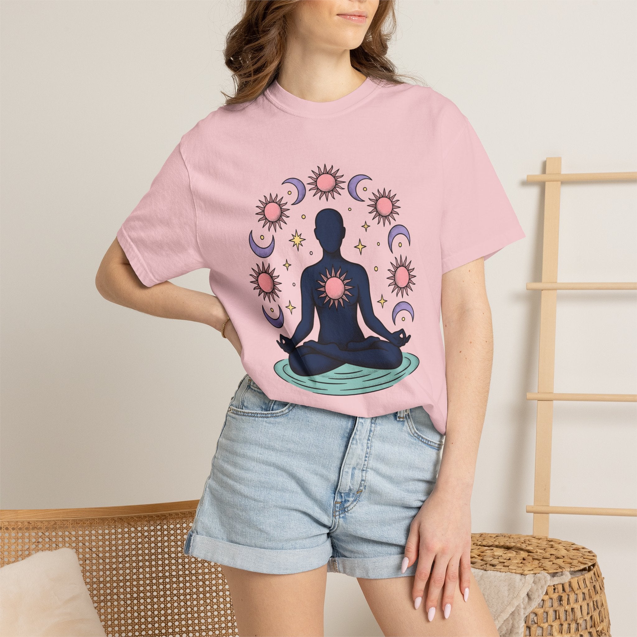 Meditating Person Shirt Boho Chic Metaphysical Gift Women Sketch Tee Yogi T-Shirt Bohemian Enthusiast Doodle Tshirt Spiritual Graphic Simple