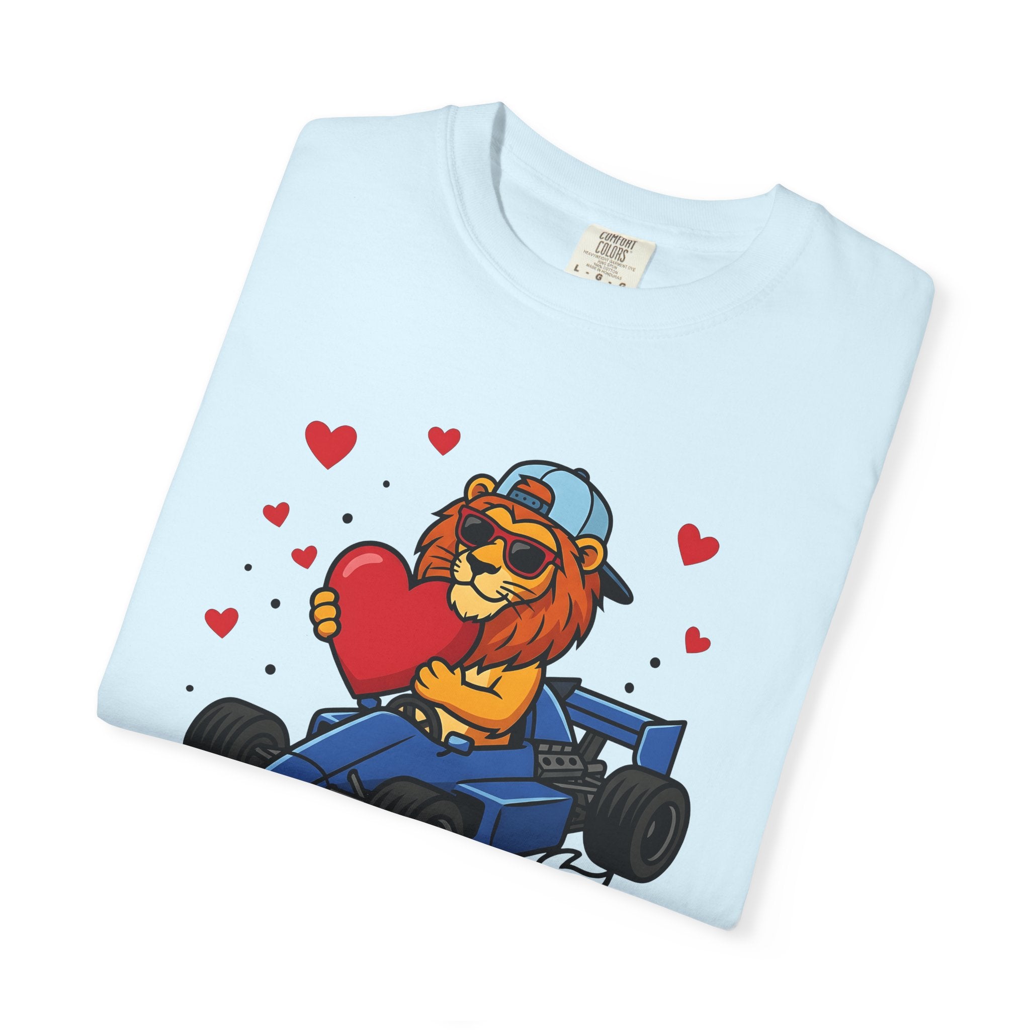 Lion Race Car Shirt St. Valentine's Day Animal Gift Women Cartoon Tee Lion T-Shirt Valentine Fan Funny Tshirt Creature Graphic Bold Heart