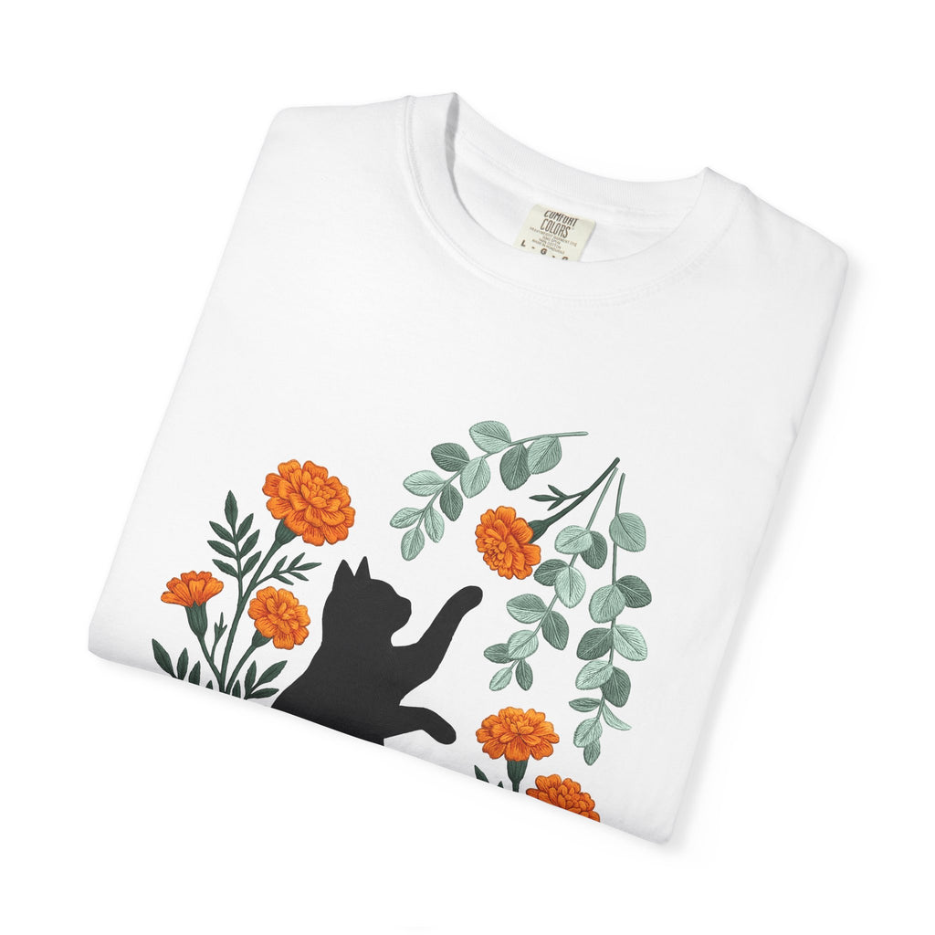 Black Puss Shirt Cat Greenery Gift Women Needlework Tee Cat T-Shirt Cat Fan Embroidery Tshirt Foliage Graphic Plant Orange Petals Tshirt