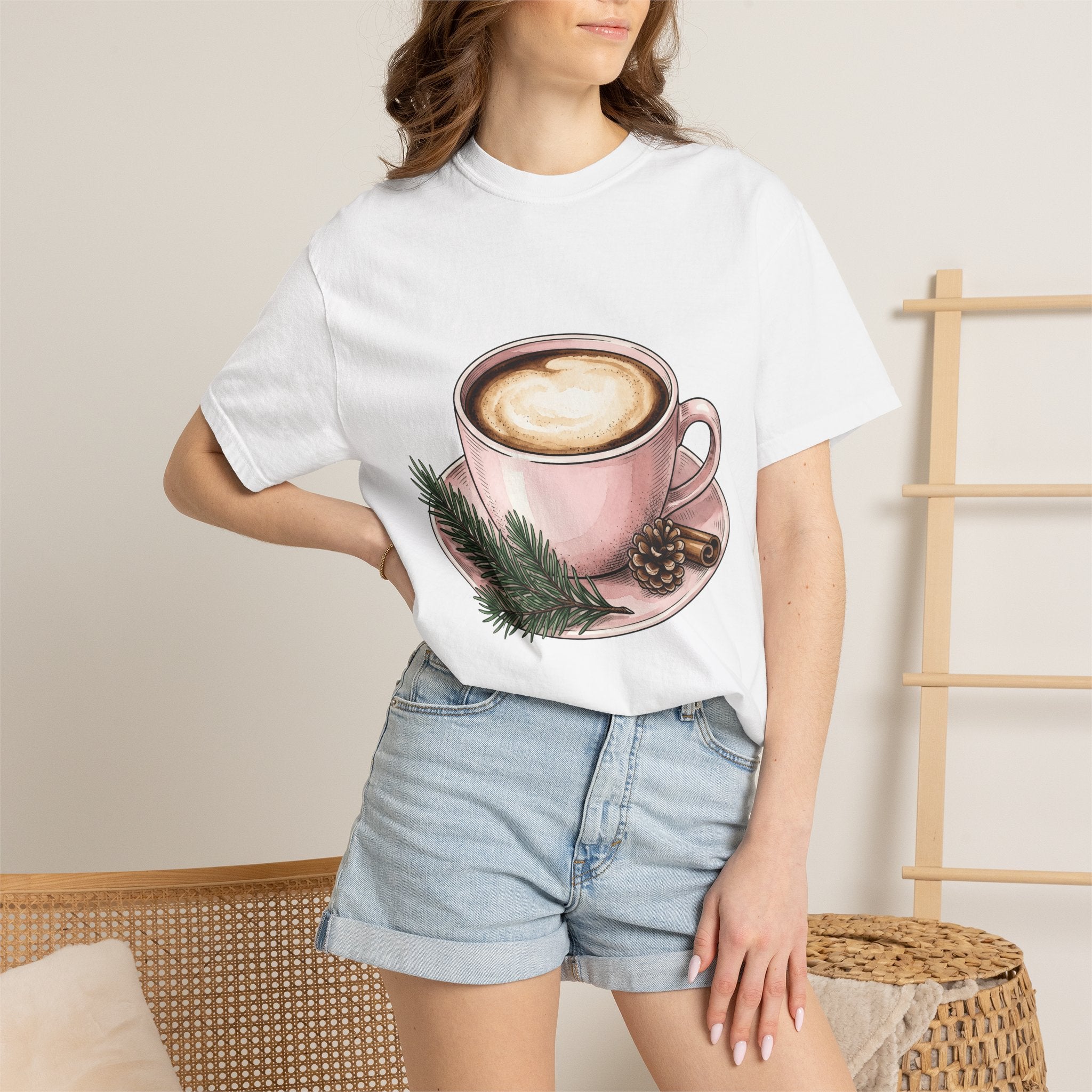 Coffee Cup Shirt Coffee Holiday Gift Women Watercolor Tee Mug T-Shirt Coffee Fan Aquarelle Tshirt Christmas Graphic Vintage Pinecone Tshirt