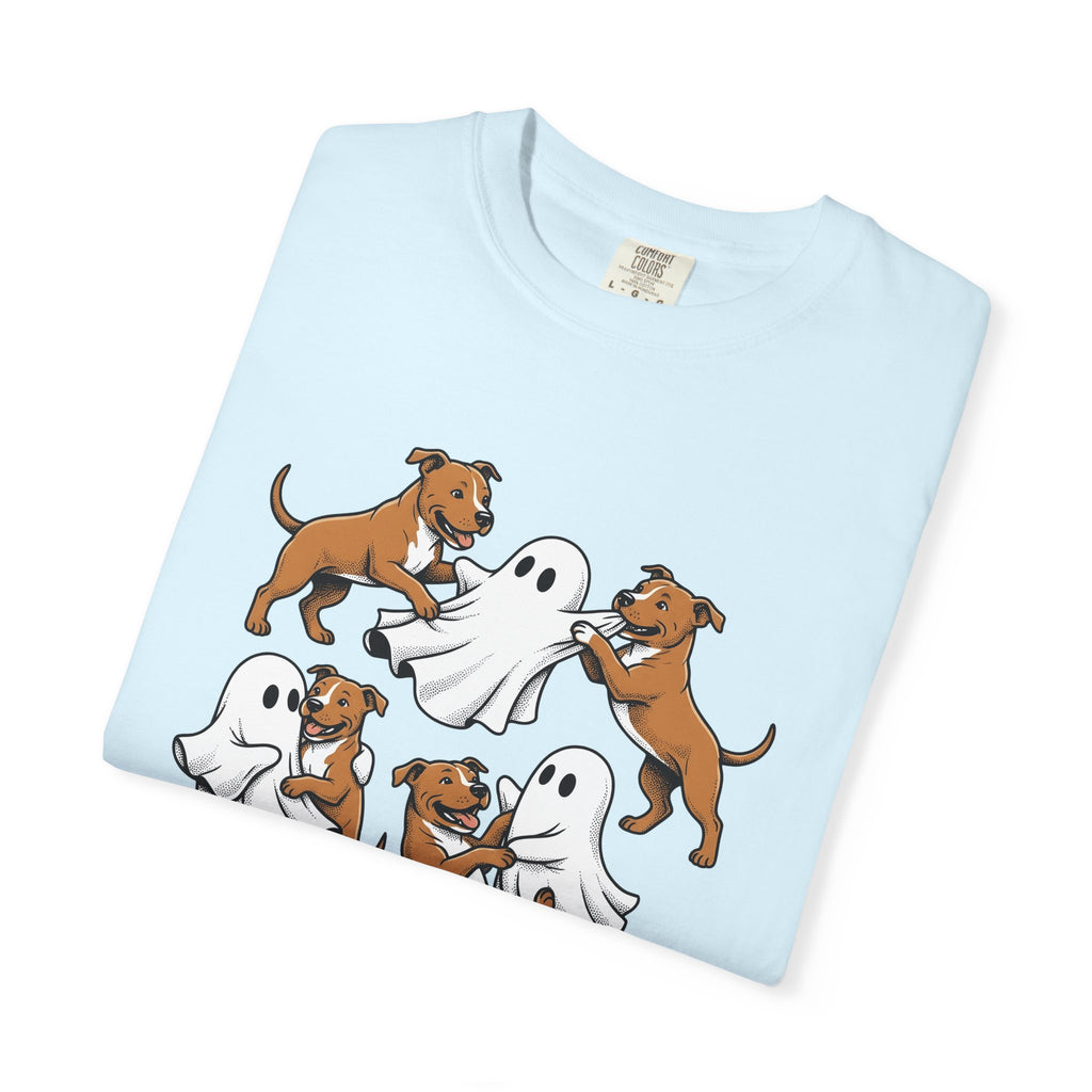 Ghost Pitbull Puppy Shirt Dog Funny Gift Women Comic Tee Pitbull Pup T-Shirt Dog Fan Cartoon Tshirt Humor Graphic Hand Drawn Halloween