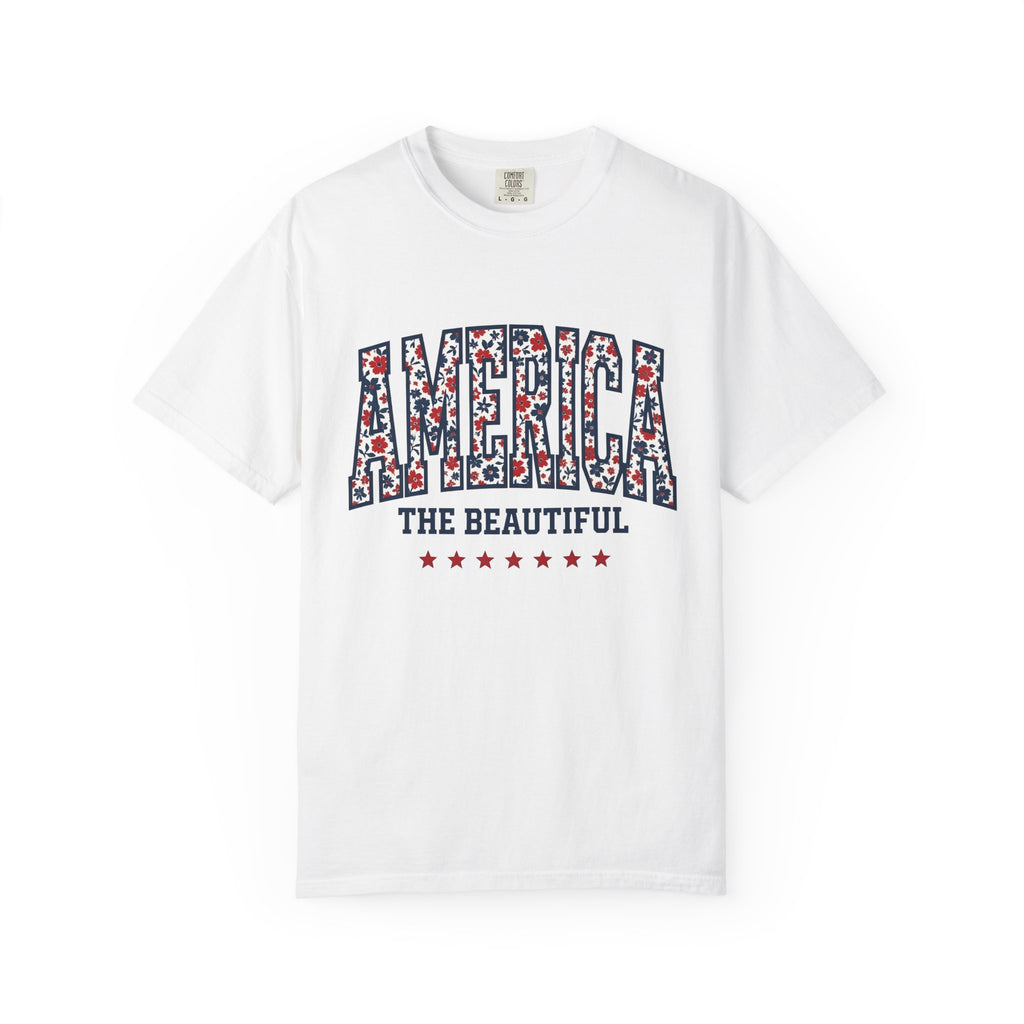 Floral Stars Pattern Shirt 4th Of July Patriotic Gift Women Vintage Tee Floral T-Shirt Independence Fan Distressed Graphic Tshirt Retro Red