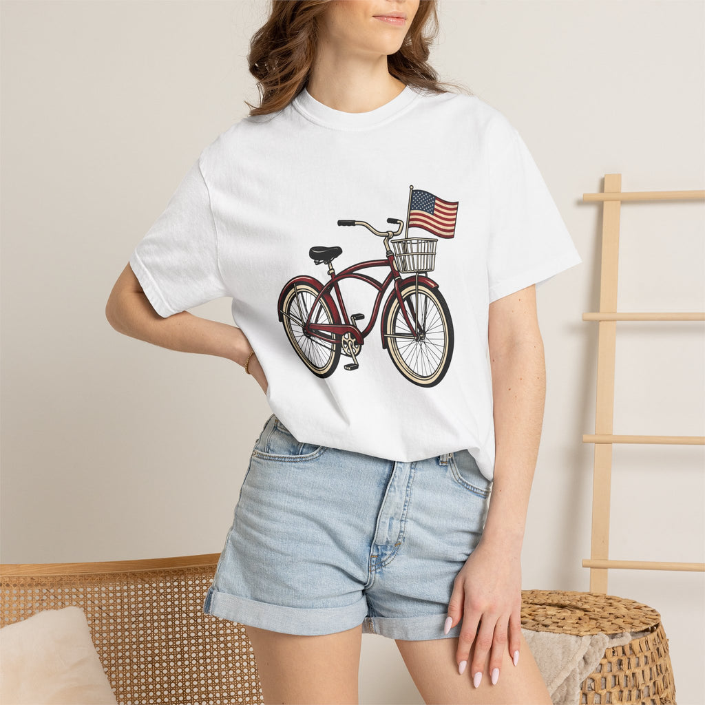 Bike Illustration Shirt 4th Of July America Gift Women Old School Tee Bicycle T-Shirt Independence Day Fan Vintage Tshirt Patriotic Graphic
