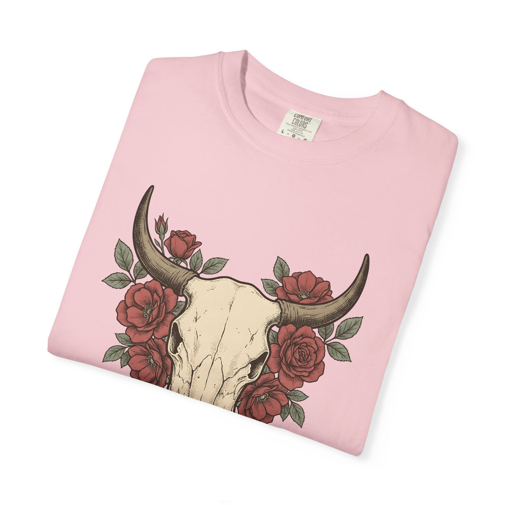 Steer Skull Shirt Cowgirl Cowboy Gift Women Ink Tee Bull Skull T-Shirt Rodeo Fan Tattoo Tshirt Cowboy Graphic Retro Flower Tshirt