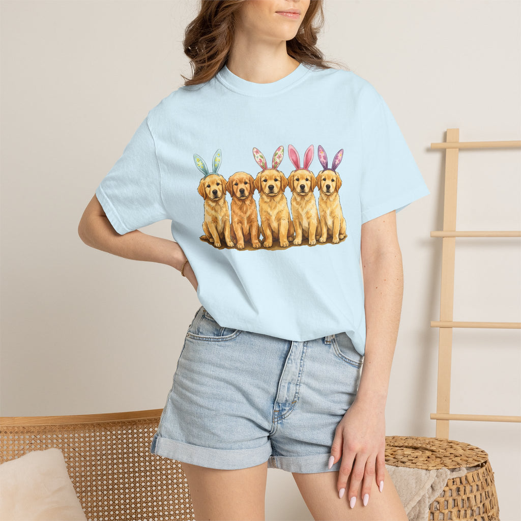 Golden Retriever Puppy Shirt Easter Companion Gift Women Pastel Tee Puppy T-Shirt Easter Fan Puppy Art Tshirt Friend Graphic Cartoon Bunny